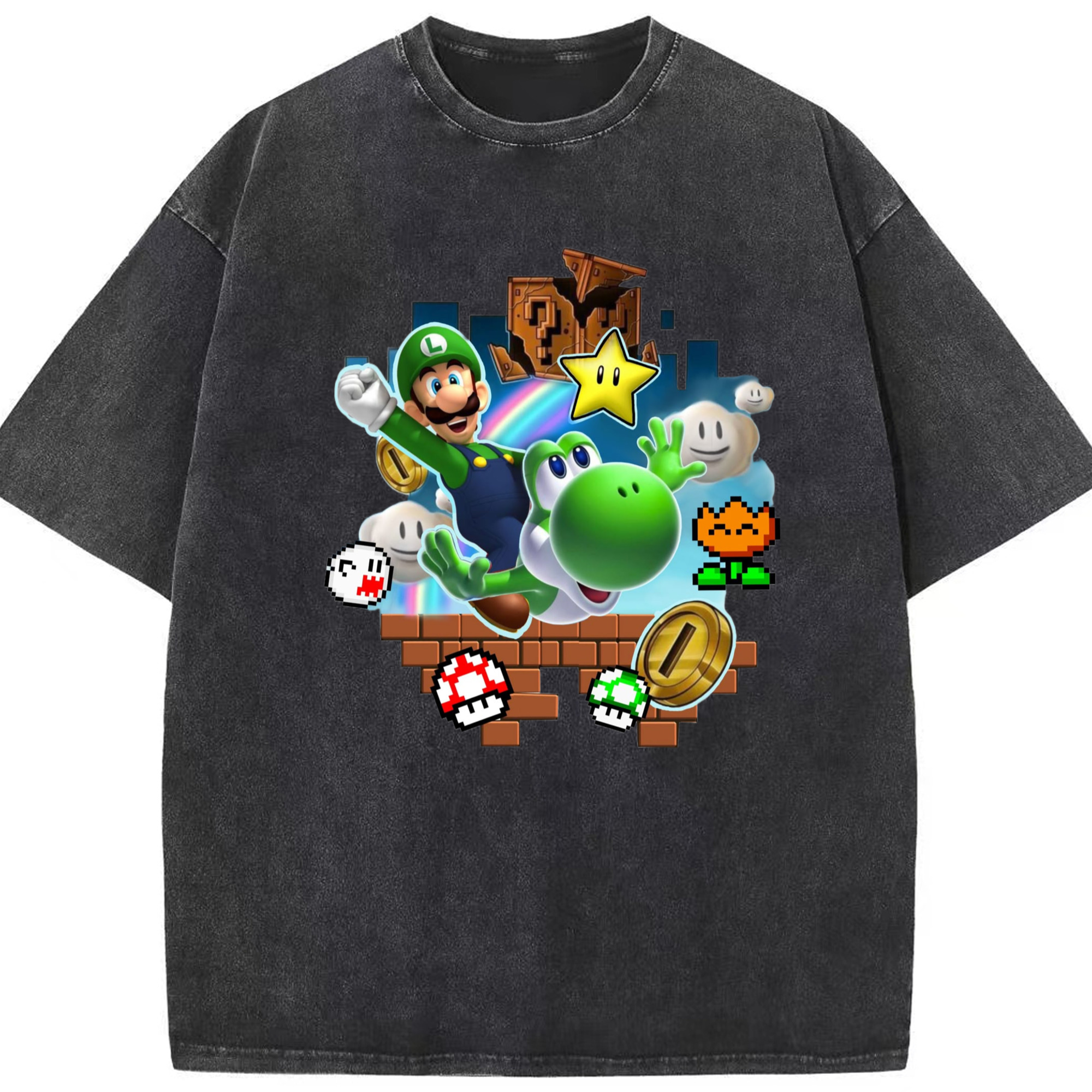 Nintendo mario and yoshi t shirts - Washed Vintage Look 230g Cotton Oversized T-Shirt With Front Heat Transfer Print – Soft, Lightweight, Stylish Fit – Comfortable Casual Wear For Sports & Everyday Use