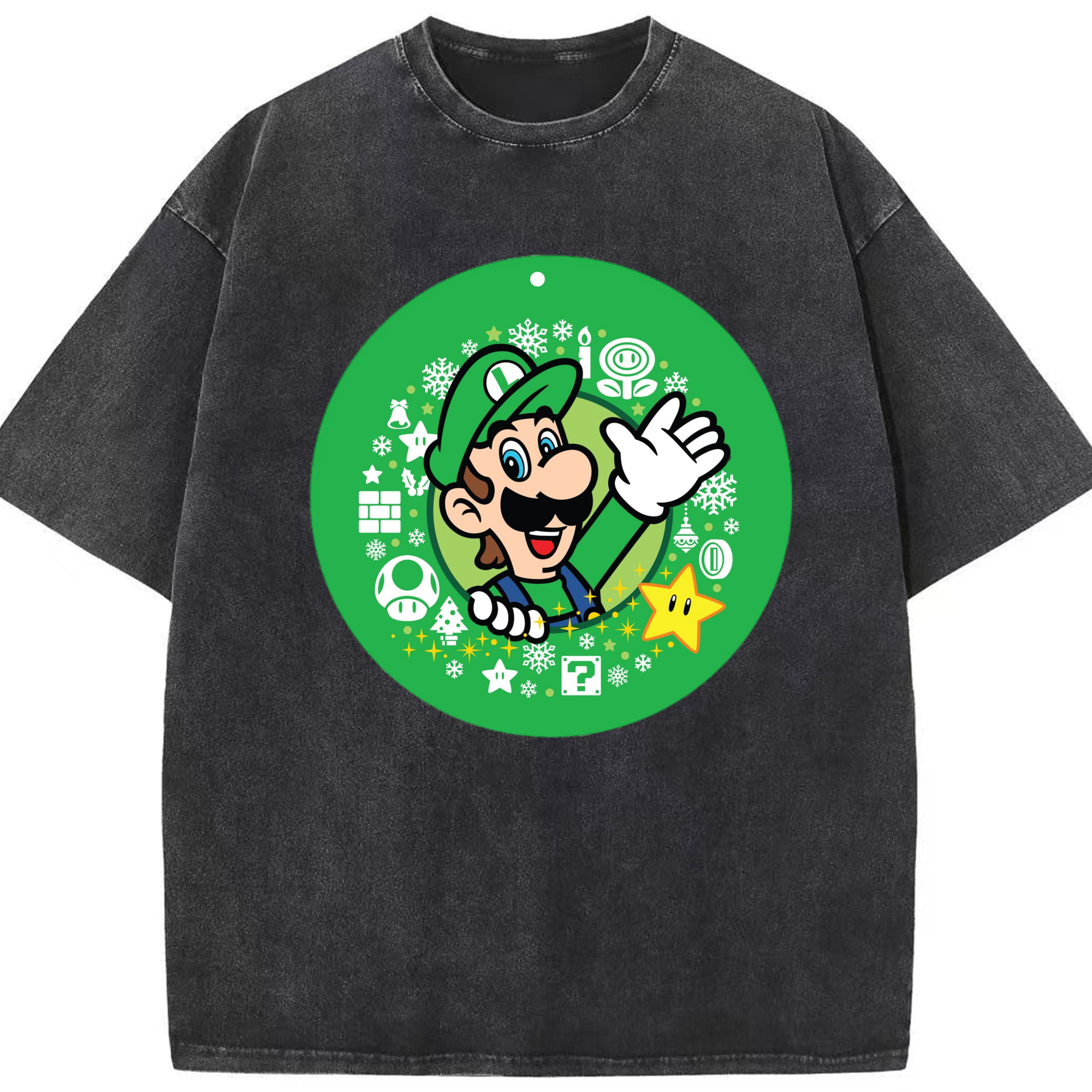Nintendo Luigi cion Graphic Tee - Washed Vintage Look 230g Cotton Oversized T-Shirt With Front Heat Transfer Print – Soft, Lightweight, Stylish Fit – Comfortable Casual Wear For Sports & Everyday Use