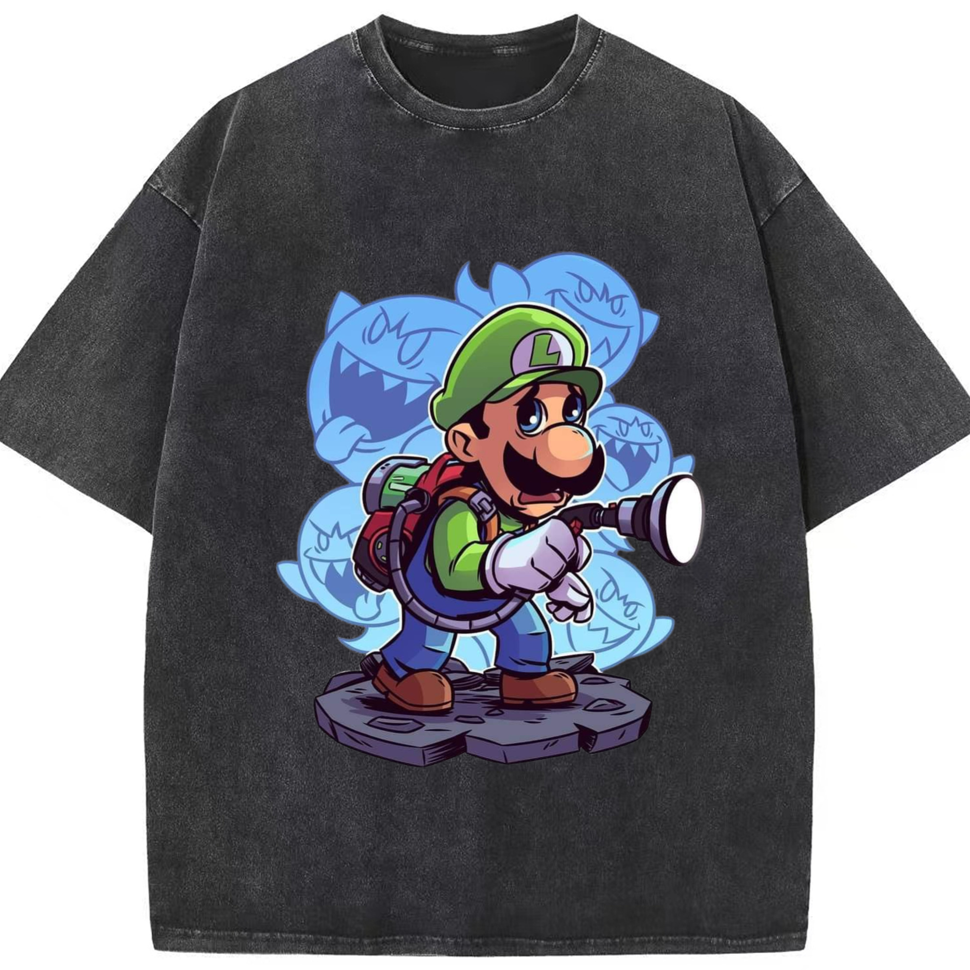 Nintendo Luigi Luigi's Mansion T-ee - Washed Vintage Look 230g Cotton Oversized T-Shirt With Front Heat Transfer Print – Soft, Lightweight, Stylish Fit – Comfortable Casual Wear For Sports & Everyday Use