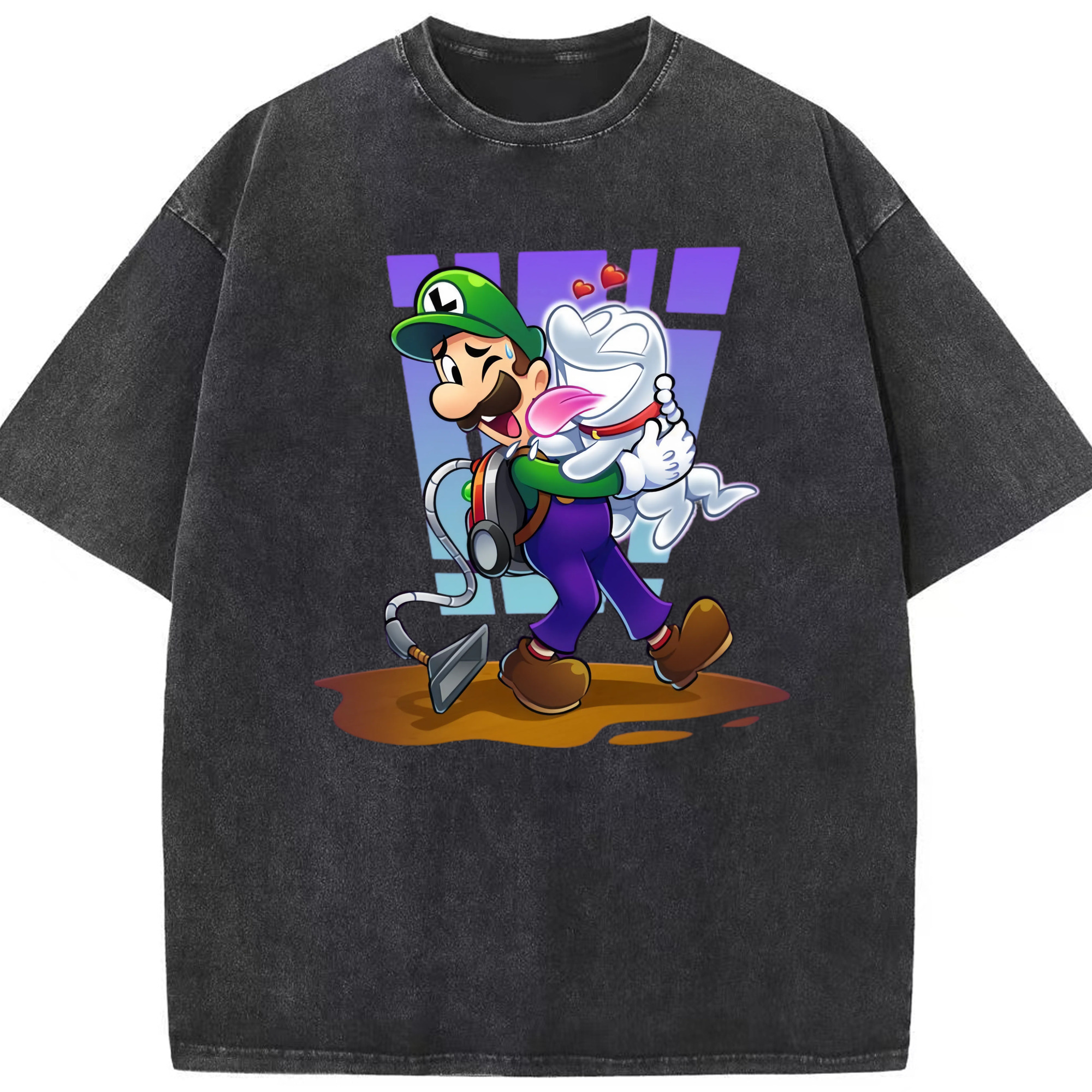 Nintendo Luigi Luigi&#039;s and Polterpup Mansion T-ee - Washed Vintage Look 230g Cotton Oversized T-Shirt With Front Heat Transfer Print – Soft, Lightweight, Stylish Fit – Comfortable Casual Wear For Sports & Everyday Use