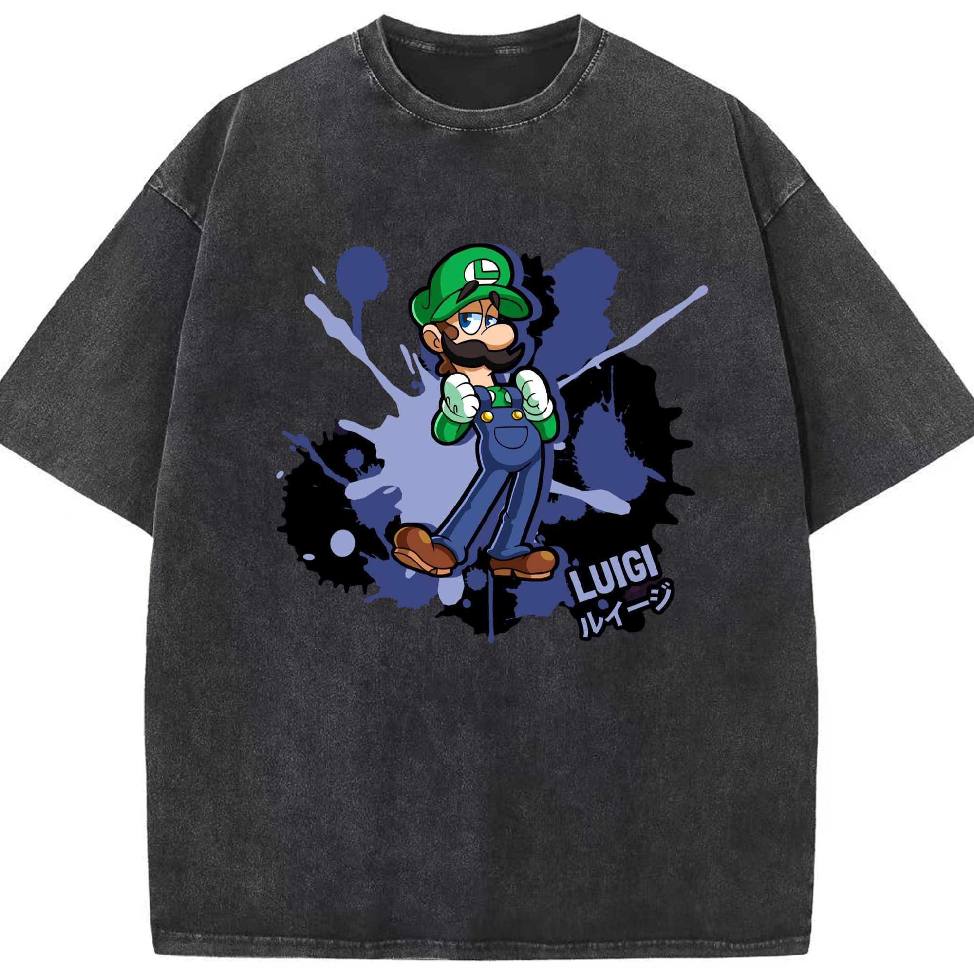 Nintendo Luigi  painting Graphic Tee - Washed Vintage Look 230g Cotton Oversized T-Shirt With Front Heat Transfer Print – Soft, Lightweight, Stylish Fit – Comfortable Casual Wear For Sports & Everyday Use