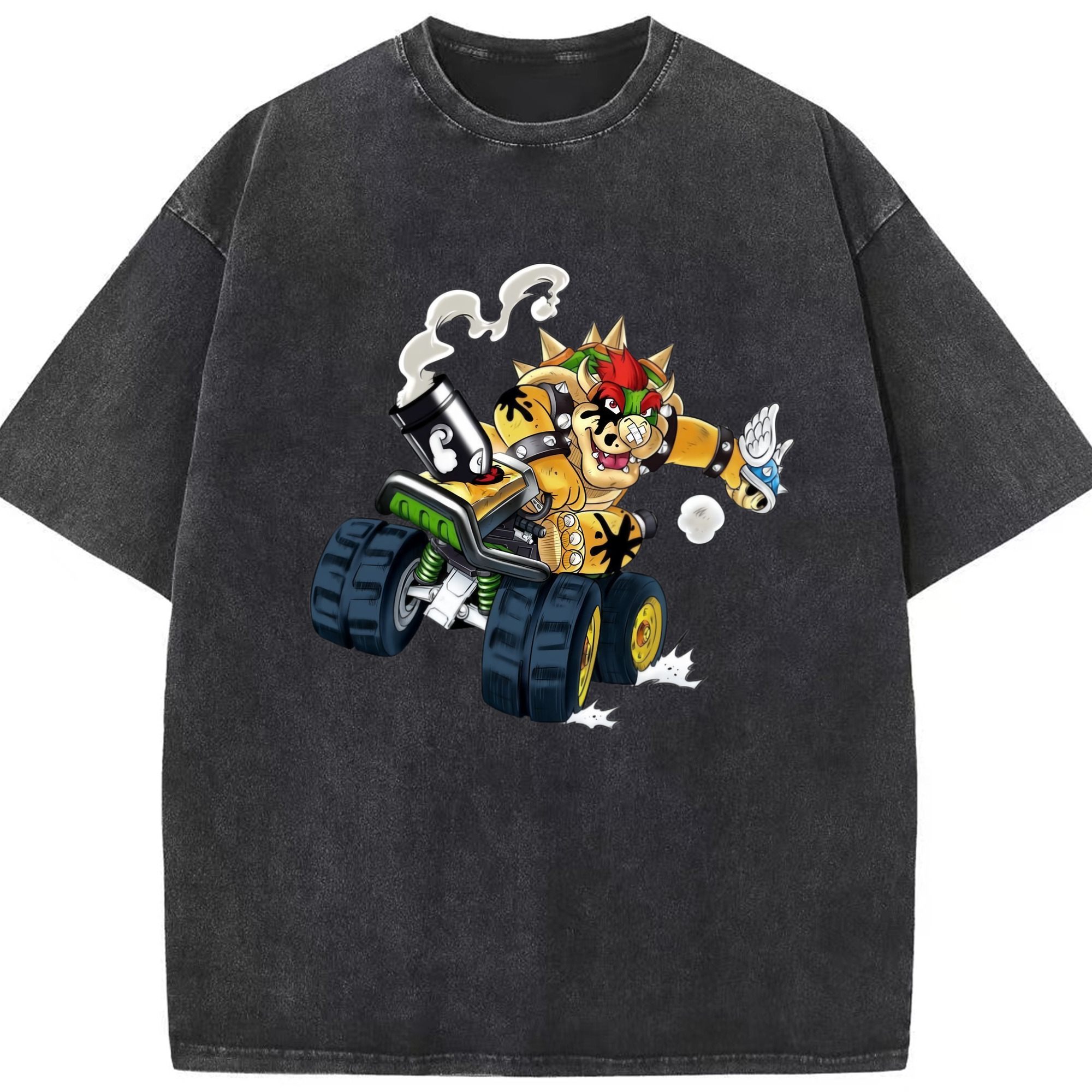 Nintendo King Koopa and kart T-shirt - Washed Vintage Look 230g Cotton Oversized T-Shirt With Front Heat Transfer Print – Soft, Lightweight, Stylish Fit – Comfortable Casual Wear For Sports & Everyday Use