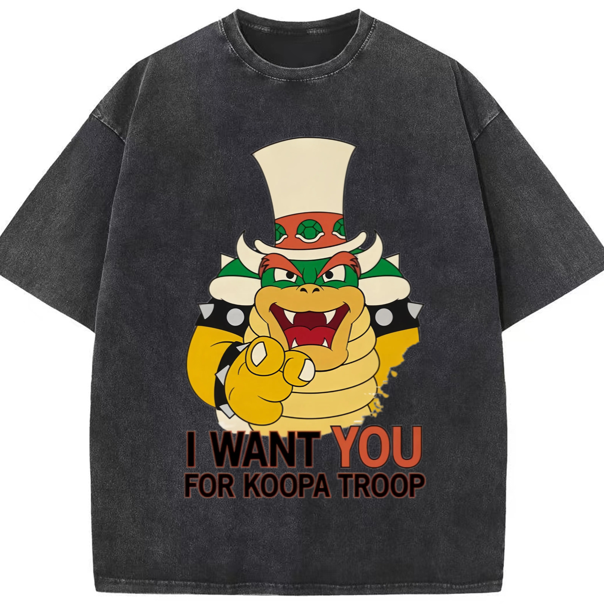 Nintendo King Koopa i want you T-shirt - Washed Vintage Look 230g Cotton Oversized T-Shirt With Front Heat Transfer Print – Soft, Lightweight, Stylish Fit – Comfortable Casual Wear For Sports & Everyday Use