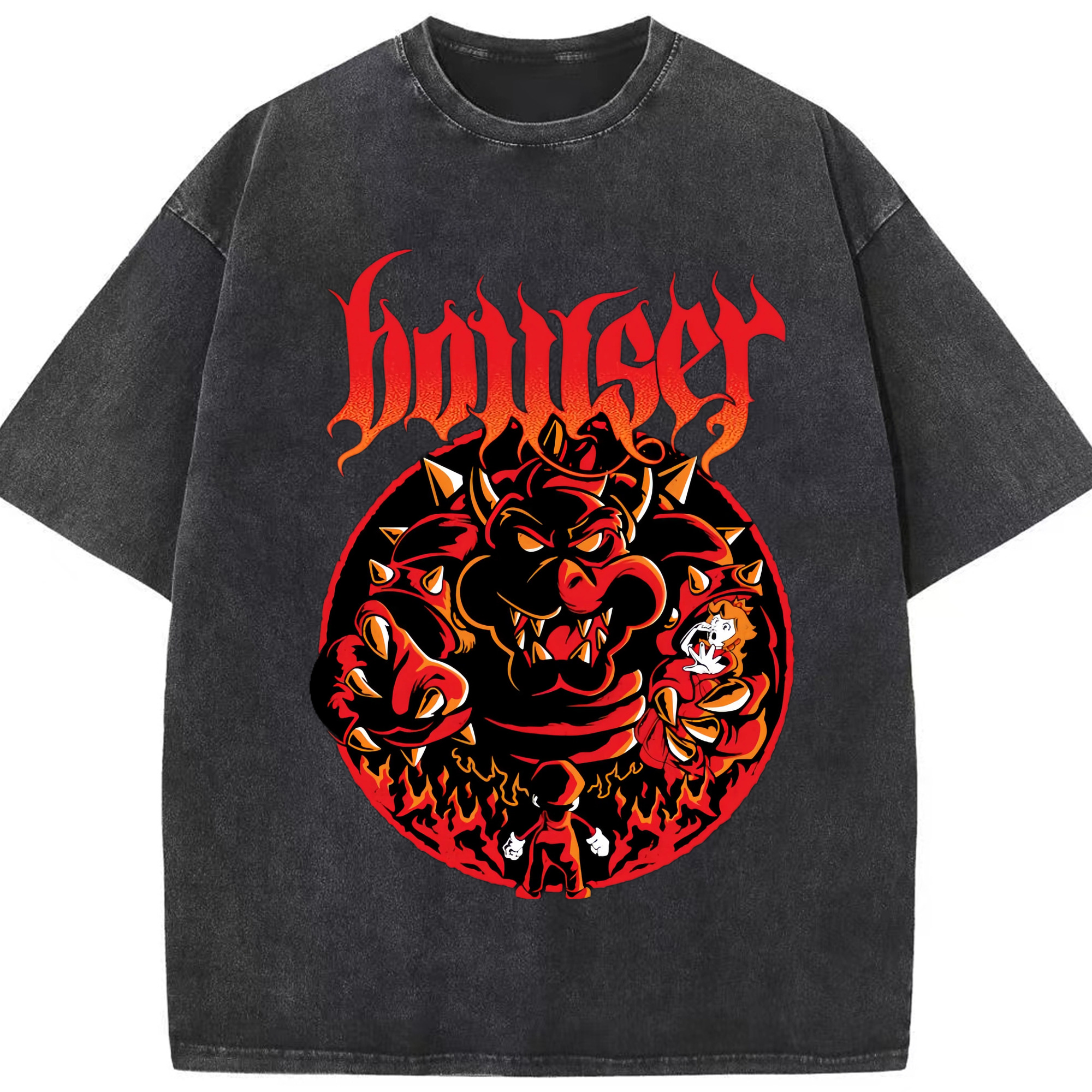 Nintendo King Koopa graphinc T-shirt - Washed Vintage Look 230g Cotton Oversized T-Shirt With Front Heat Transfer Print – Soft, Lightweight, Stylish Fit – Comfortable Casual Wear For Sports & Everyday Use