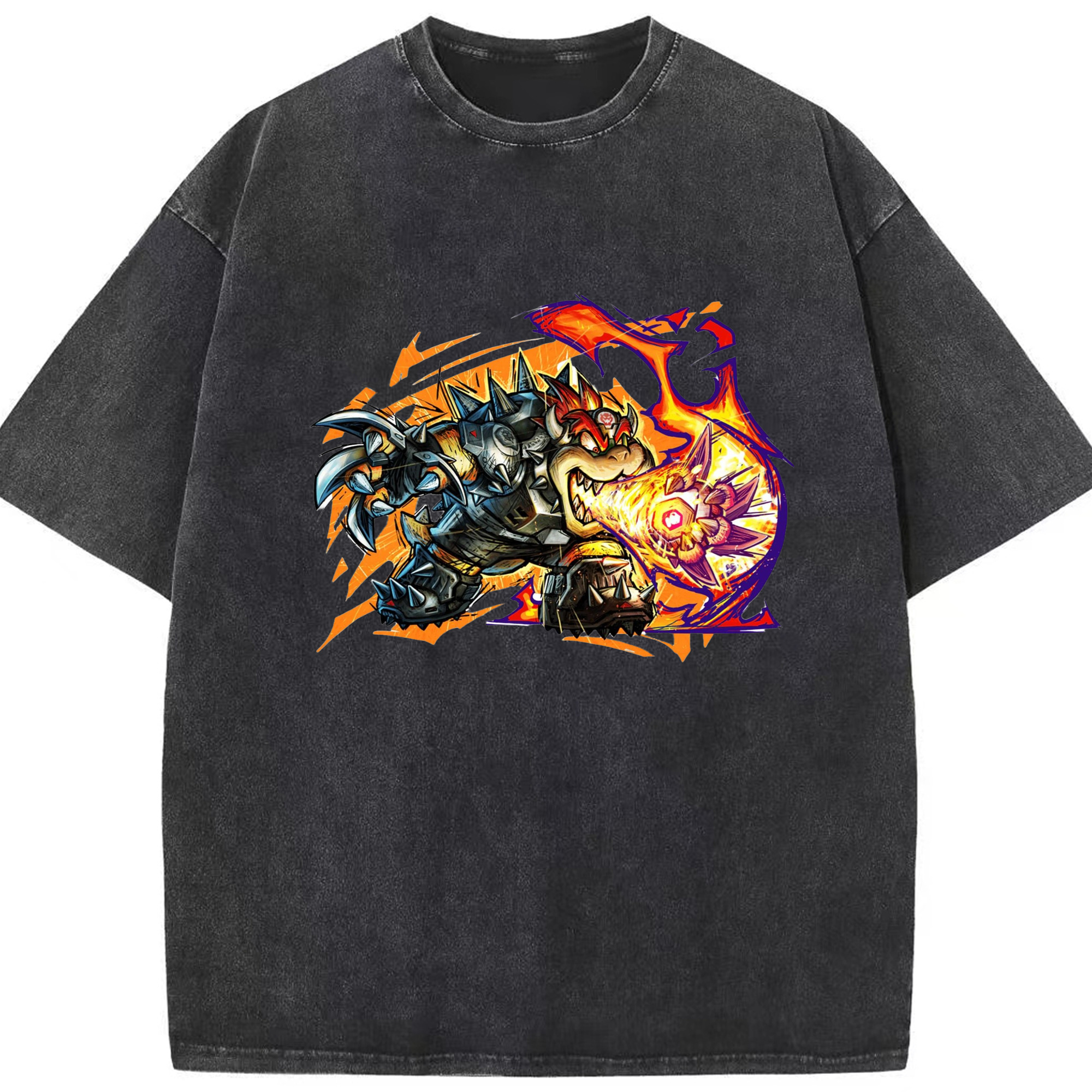 Nintendo King Koopa football T-shirt - Washed Vintage Look 230g Cotton Oversized T-Shirt With Front Heat Transfer Print – Soft, Lightweight, Stylish Fit – Comfortable Casual Wear For Sports & Everyday Use