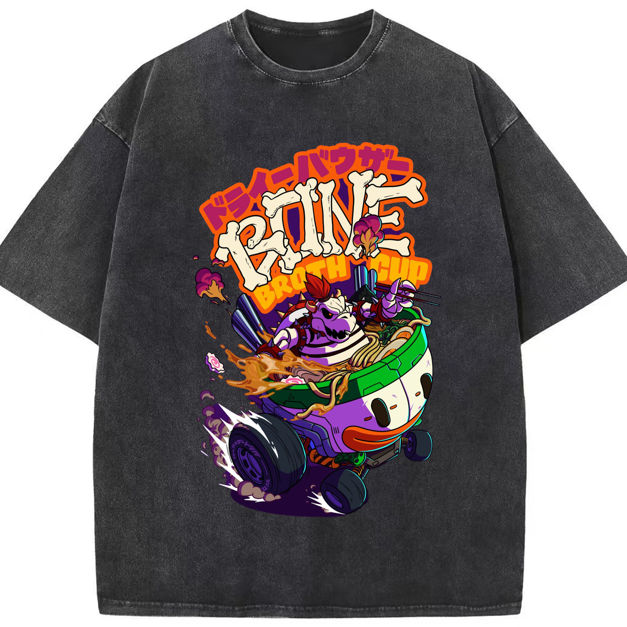 Bowser King Koopa Comic style Graphic Tee - Washed Vintage Look 230g Cotton Oversized T-Shirt With Front Heat Transfer Print – Soft, Lightweight, Stylish Fit – Comfortable Casual Wear For Sports & Everyday Use