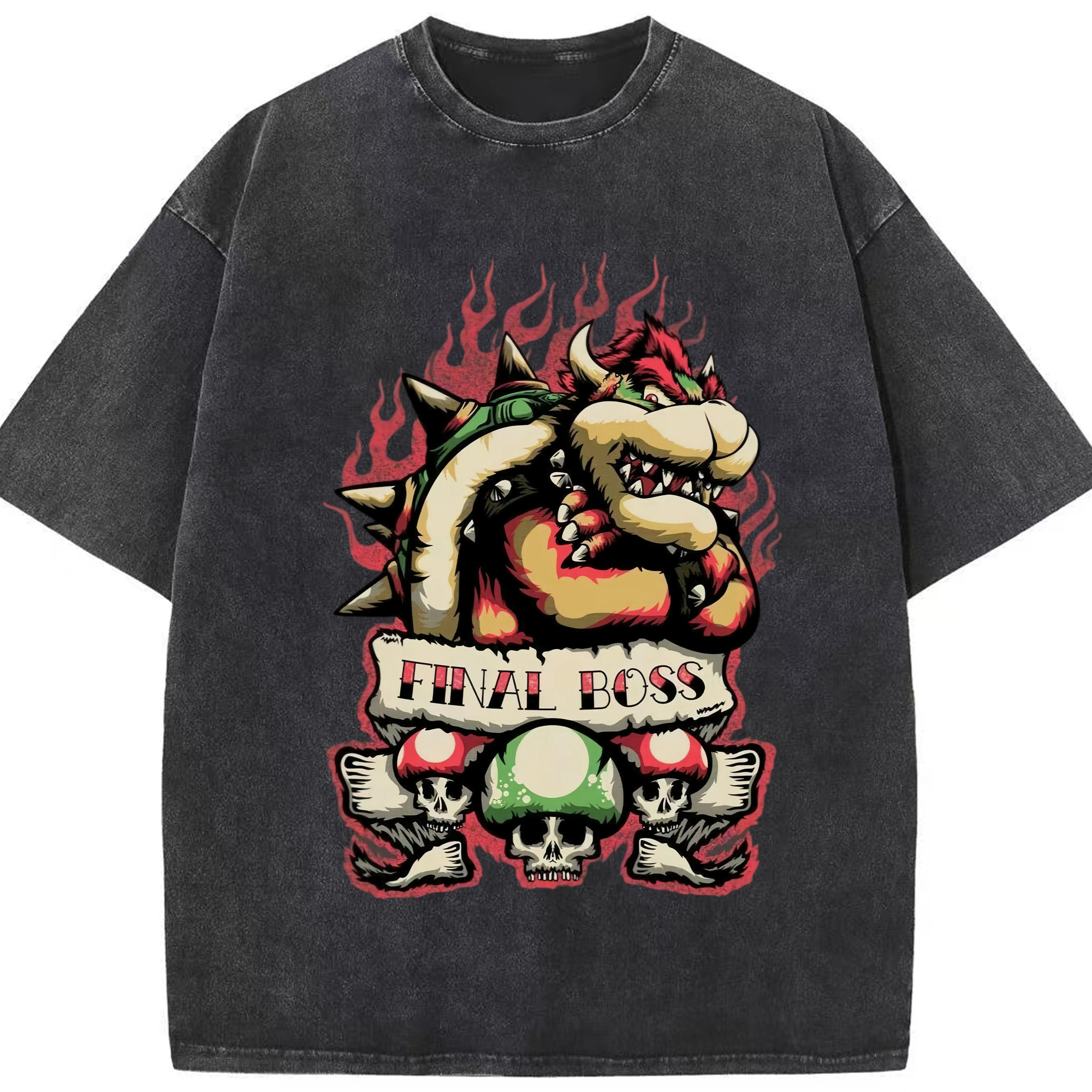 Bowser King Koopa Comic  Graphic T-Shirt - Washed Vintage Look 230g Cotton Oversized T-Shirt With Front Heat Transfer Print – Soft, Lightweight, Stylish Fit – Comfortable Casual Wear For Sports & Everyday Use