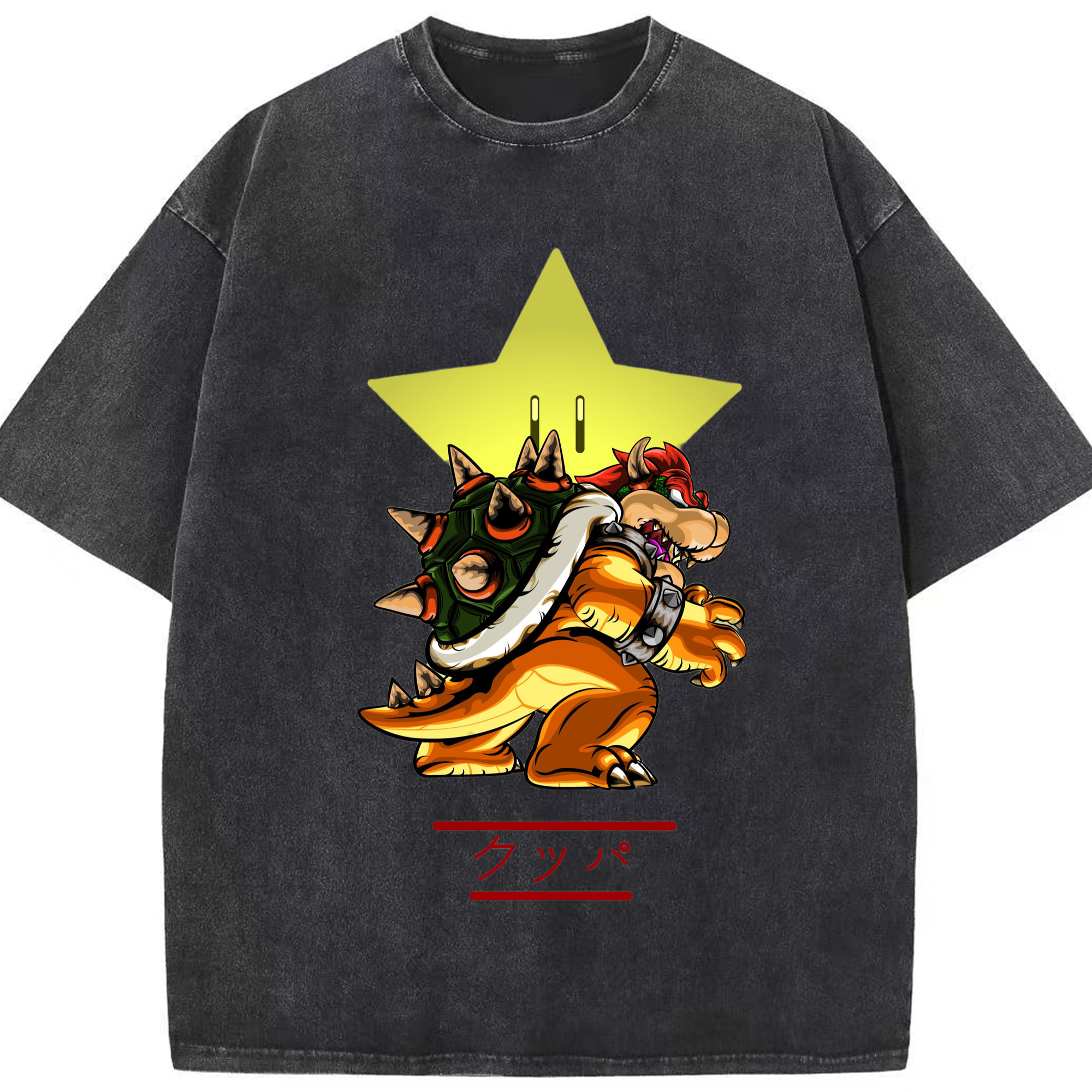 Bowser King Koopa Cartoon Graphic T-Shirt - Washed Vintage Look 230g Cotton Oversized T-Shirt With Front Heat Transfer Print – Soft, Lightweight, Stylish Fit – Comfortable Casual Wear For Sports & Everyday Use