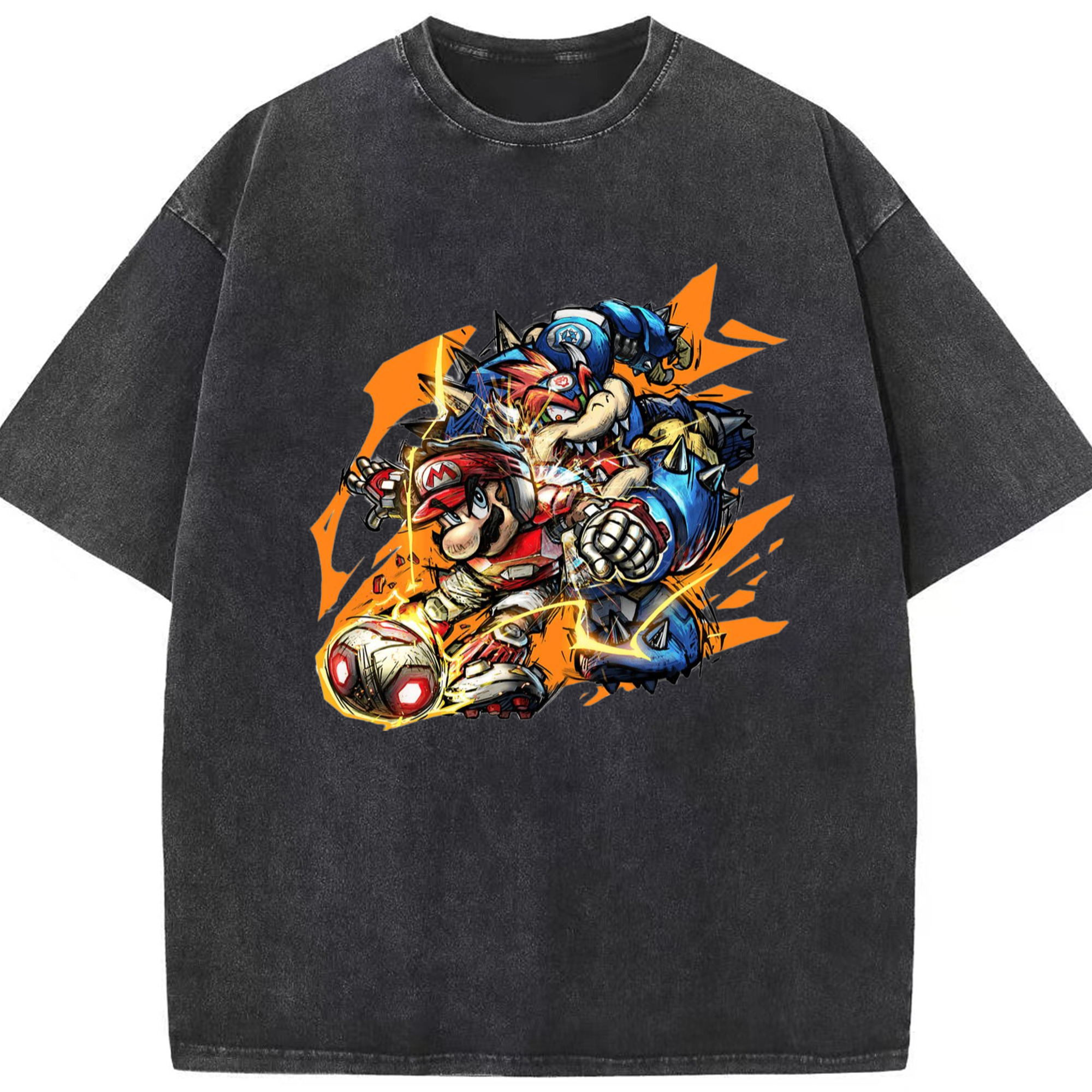 Nintendo King Koopa and mario football T-shirt - Washed Vintage Look 230g Cotton Oversized T-Shirt With Front Heat Transfer Print – Soft, Lightweight, Stylish Fit – Comfortable Casual Wear For Sports & Everyday Use