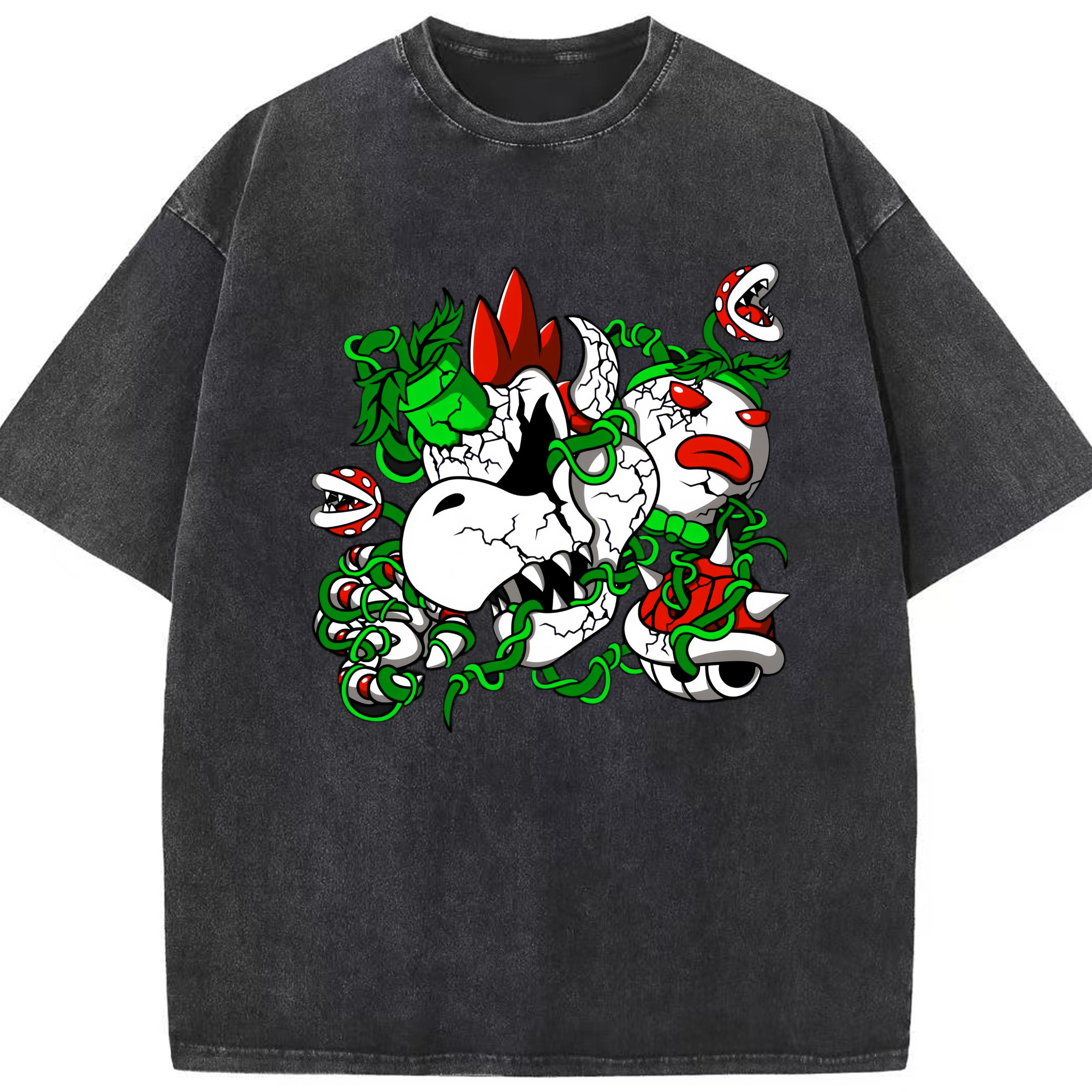 Nintendo Skeleton Koopa graphinc t-shirt - Washed Vintage Look 230g Cotton Oversized T-Shirt With Front Heat Transfer Print – Soft, Lightweight, Stylish Fit – Comfortable Casual Wear For Sports & Everyday Use