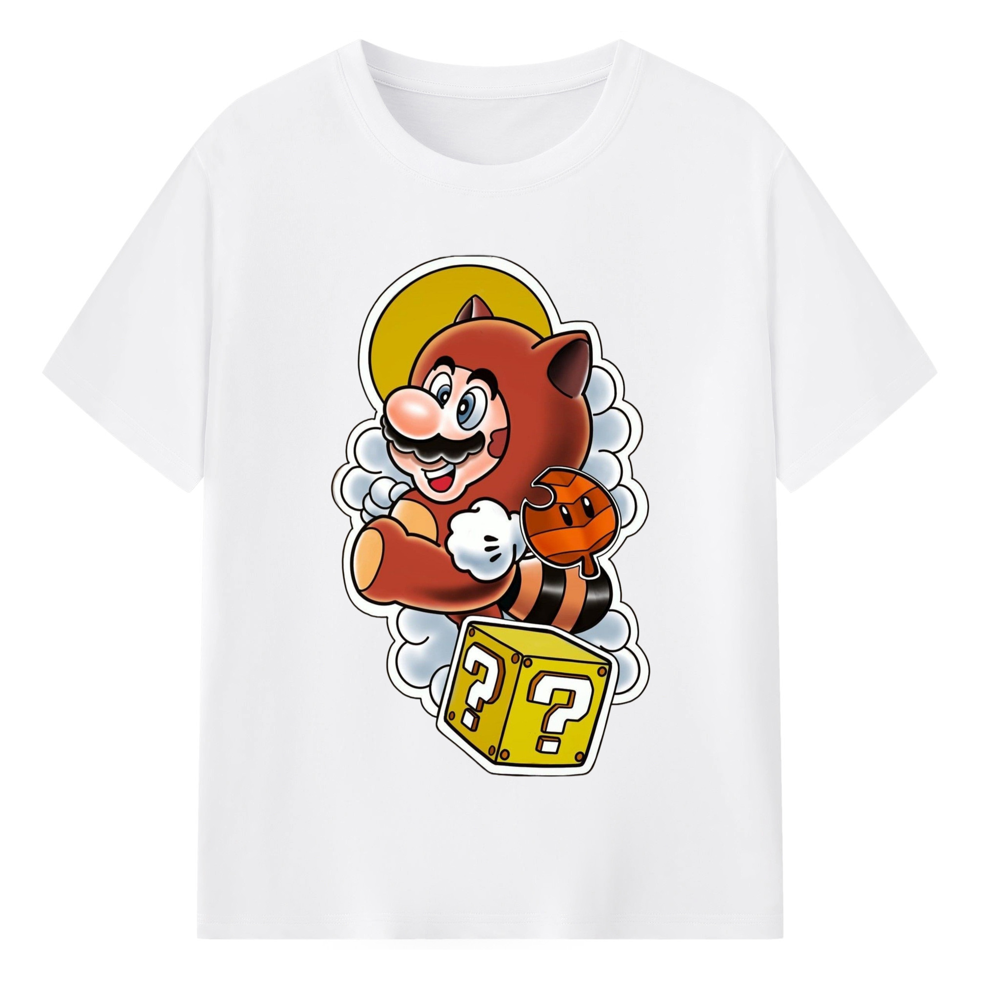 Super Mario raccoon T-shirt - 180g Cotton T-Shirt With Front Heat Transfer Print – Soft, Lightweight, Fitted Design – Comfortable Casual Wear For Sports & Everyday Use