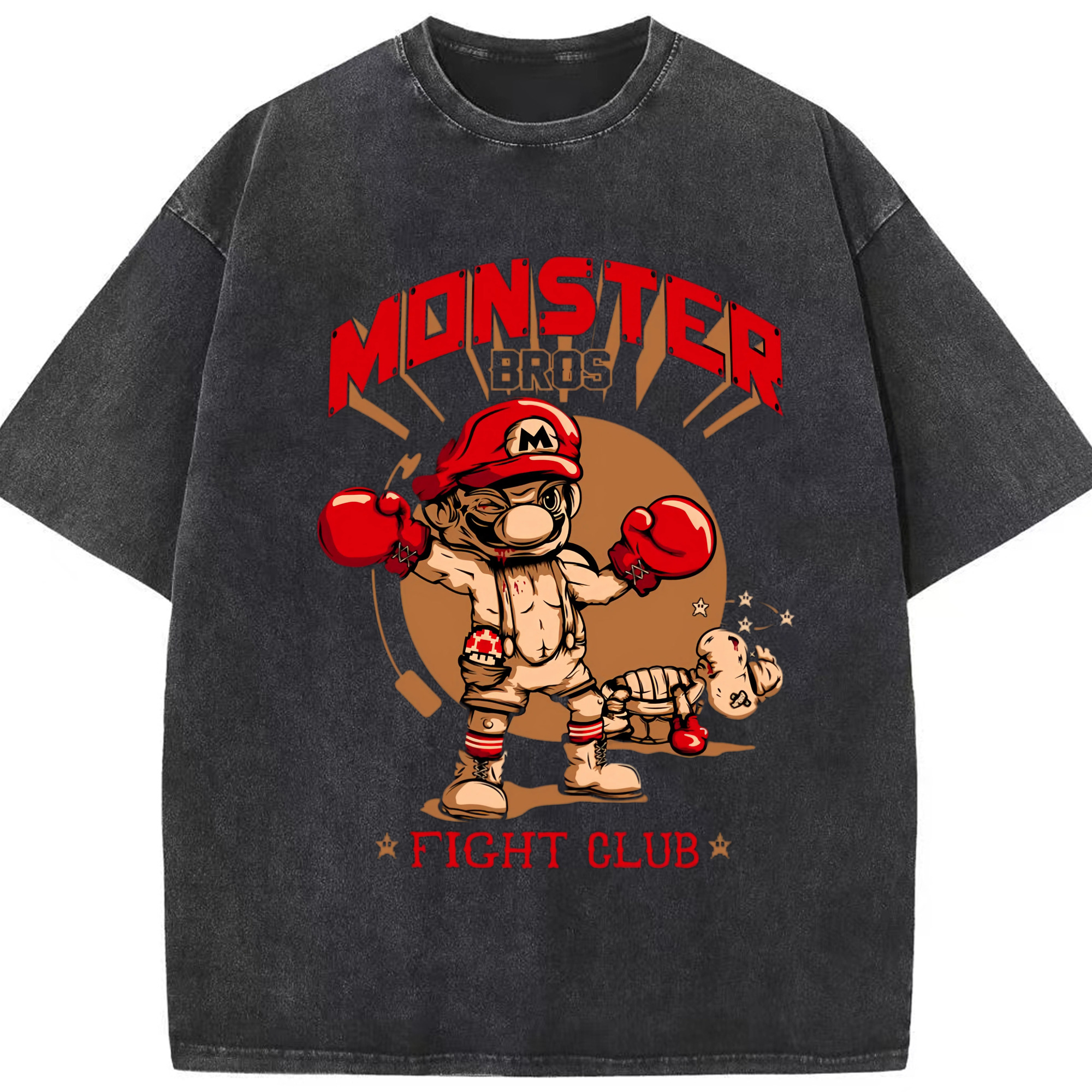 Super Mario fight club T-shirt - Washed Vintage Look 230g Cotton Oversized T-Shirt With Front Heat Transfer Print – Soft, Lightweight, Stylish Fit – Comfortable Casual Wear For Sports & Everyday Use