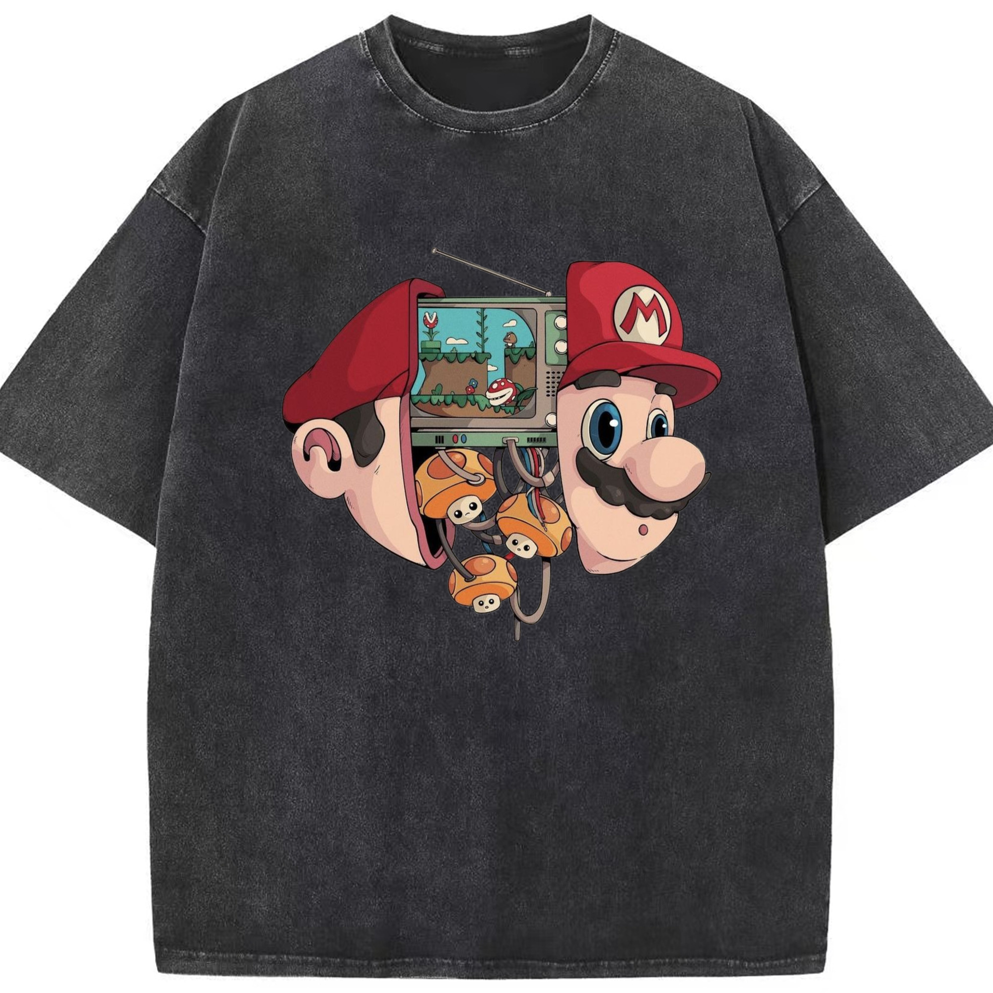 Nintendo mario  profile t-shirt - Washed Vintage Look 230g Cotton Oversized T-Shirt With Front Heat Transfer Print – Soft, Lightweight, Stylish Fit – Comfortable Casual Wear For Sports & Everyday Use