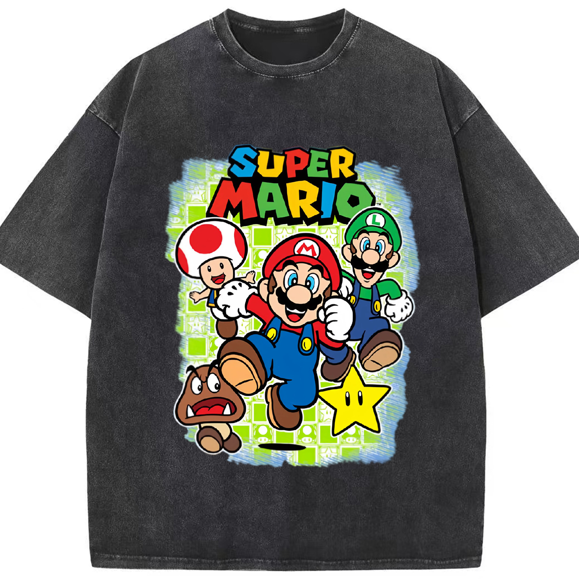 Nintendo mario cartoon tee - Washed Vintage Look 230g Cotton Oversized T-Shirt With Front Heat Transfer Print – Soft, Lightweight, Stylish Fit – Comfortable Casual Wear For Sports & Everyday Use