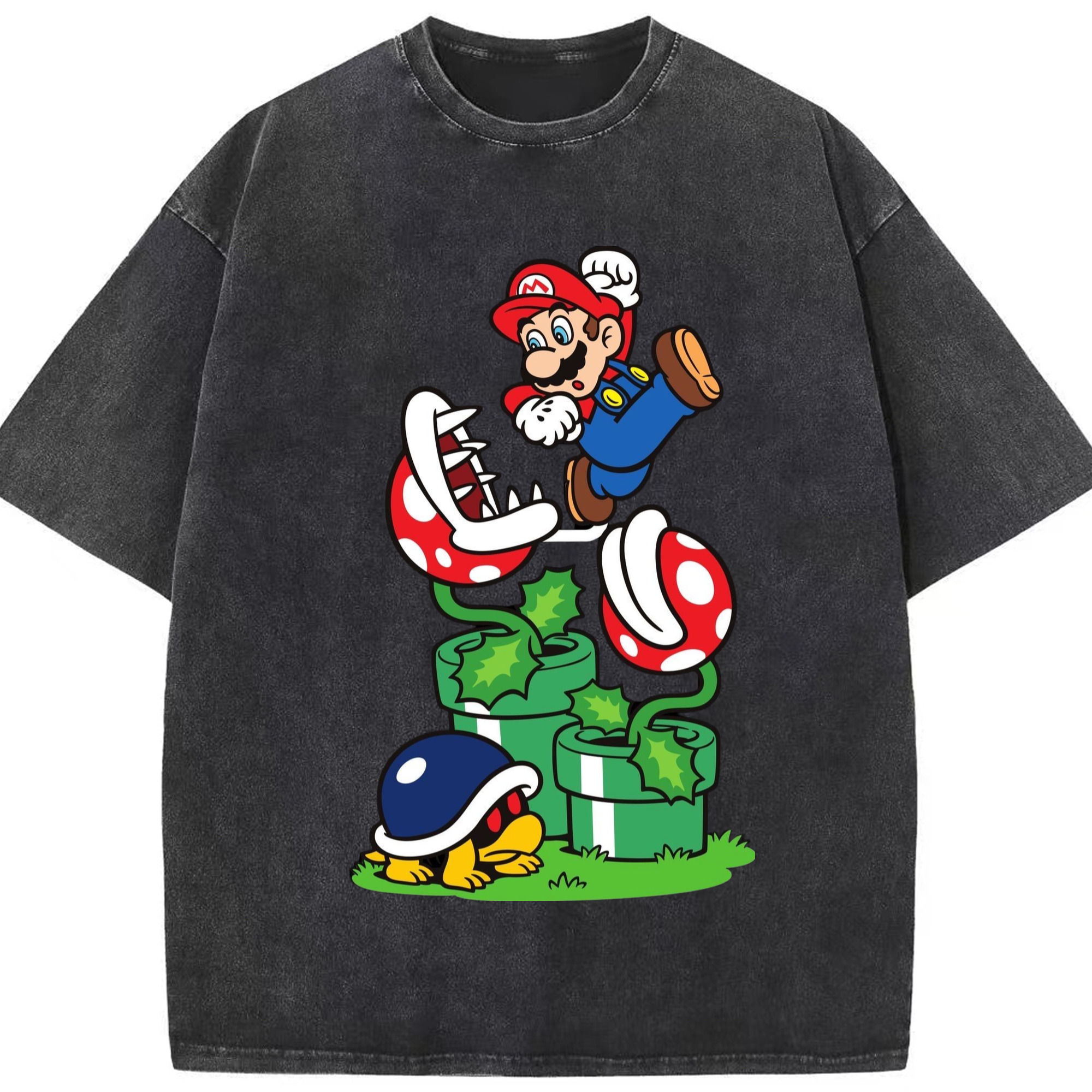 Super Mario 'jumping' Tee - Washed Vintage Look 230g Cotton Oversized T-Shirt With Front Heat Transfer Print – Soft, Lightweight, Stylish Fit – Comfortable Casual Wear For Sports & Everyday Use