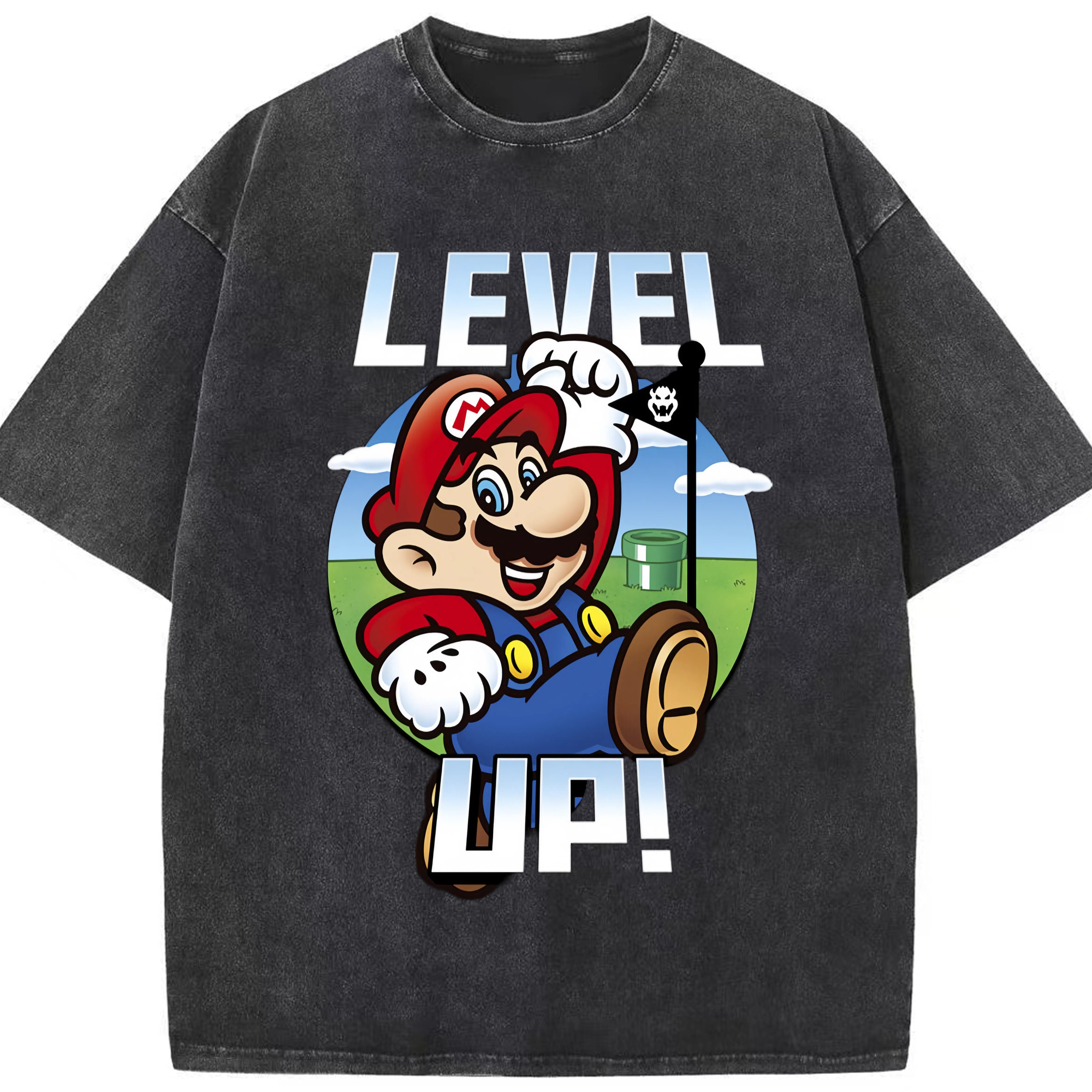 Super Mario level up T-shirt - Washed Vintage Look 230g Cotton Oversized T-Shirt With Front Heat Transfer Print – Soft, Lightweight, Stylish Fit – Comfortable Casual Wear For Sports & Everyday Use