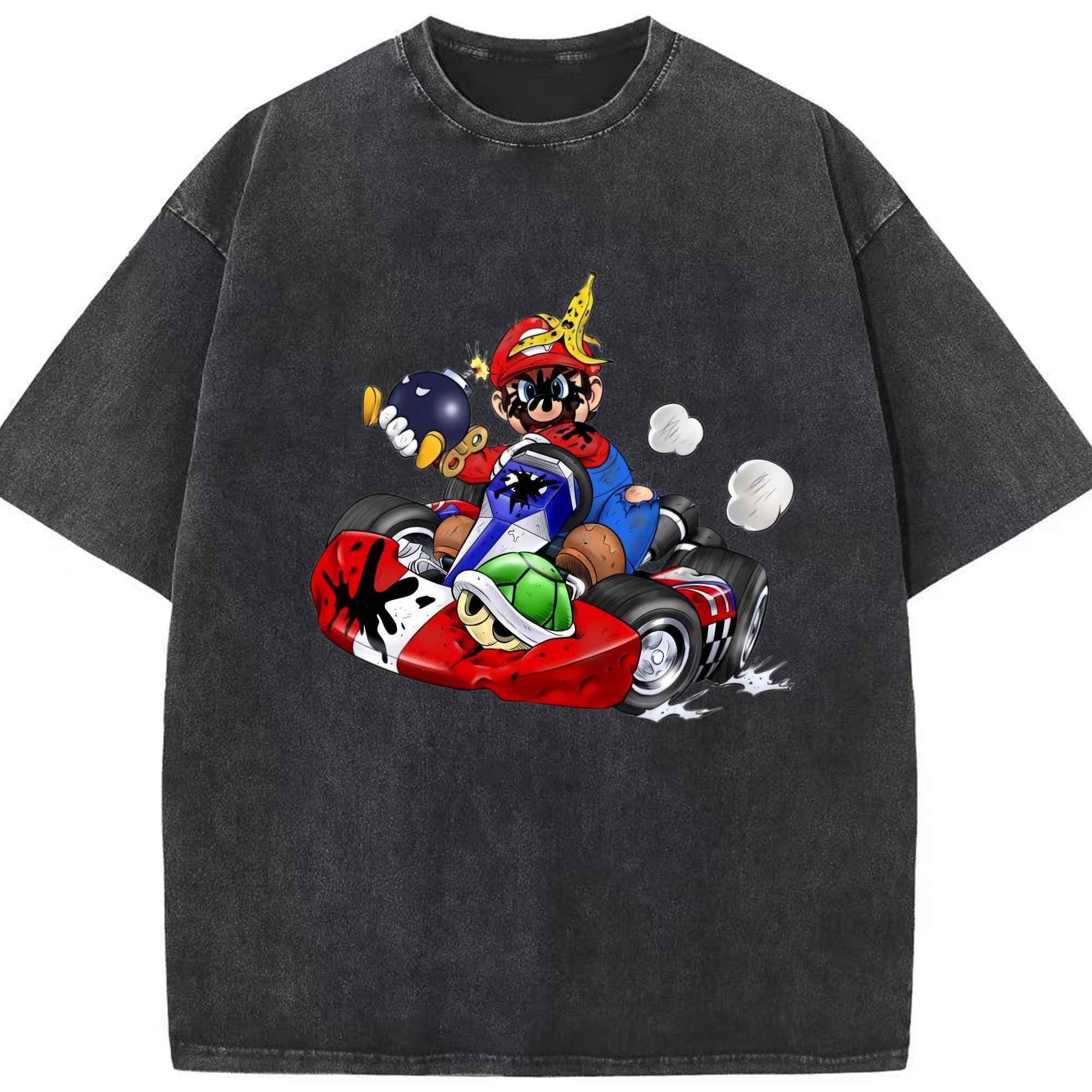 Super Mario kart T-shirt - Washed Vintage Look 230g Cotton Oversized T-Shirt With Front Heat Transfer Print – Soft, Lightweight, Stylish Fit – Comfortable Casual Wear For Sports & Everyday Use