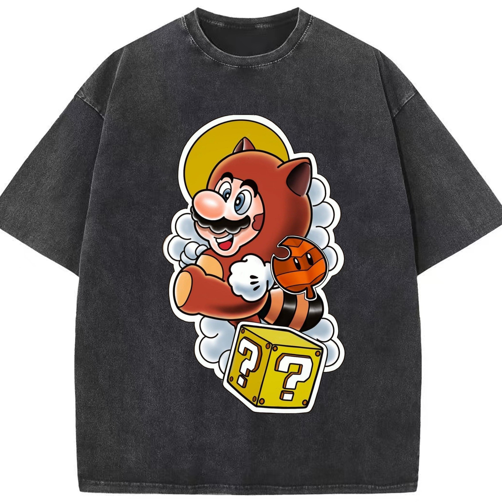 Super Mario raccoon T-shirt - Washed Vintage Look 230g Cotton Oversized T-Shirt With Front Heat Transfer Print – Soft, Lightweight, Stylish Fit – Comfortable Casual Wear For Sports & Everyday Use