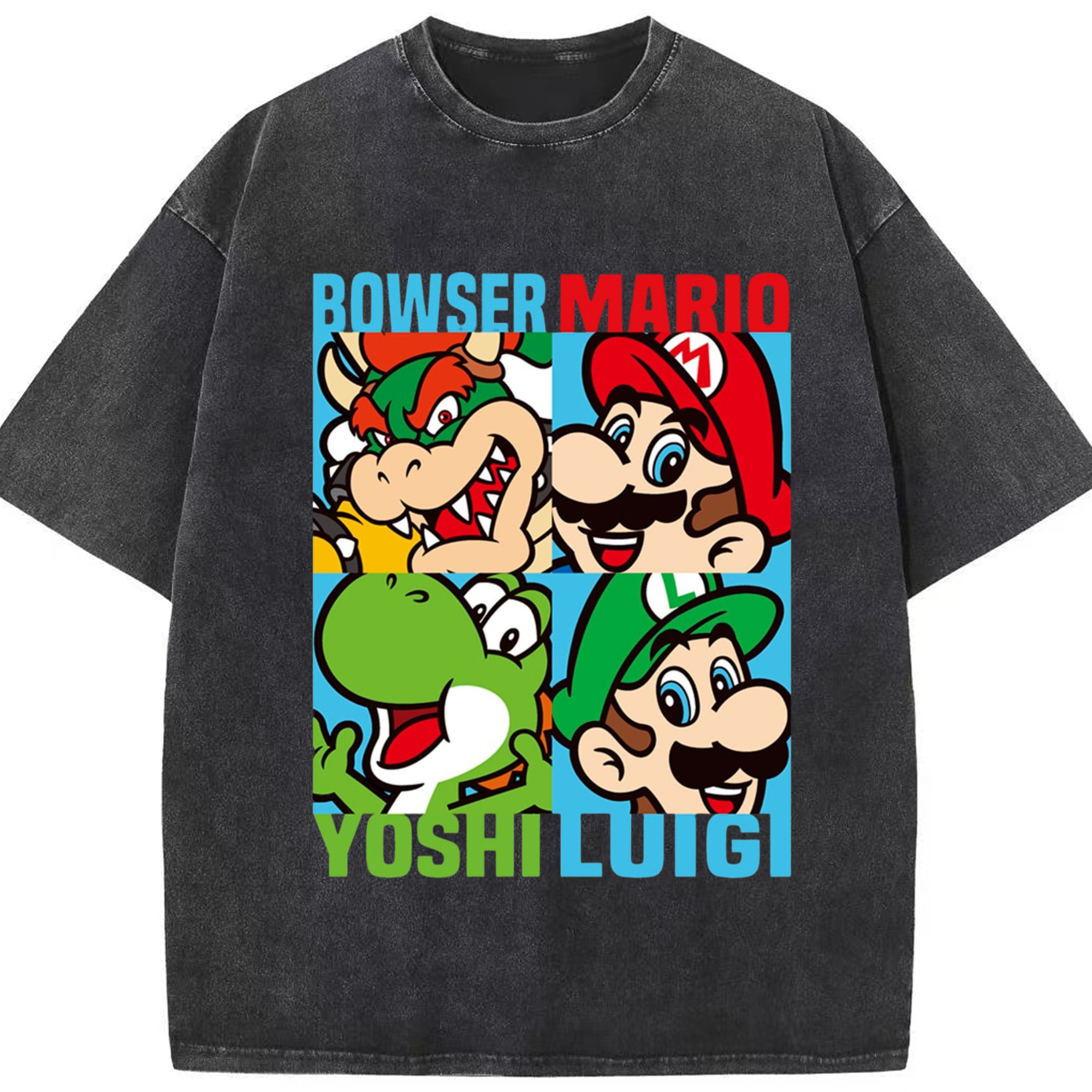 Nintendo Super Mario and firend's Shirts - Washed Vintage Look 230g Cotton Oversized T-Shirt With Front Heat Transfer Print – Soft, Lightweight, Stylish Fit – Comfortable Casual Wear For Sports & Everyday Use