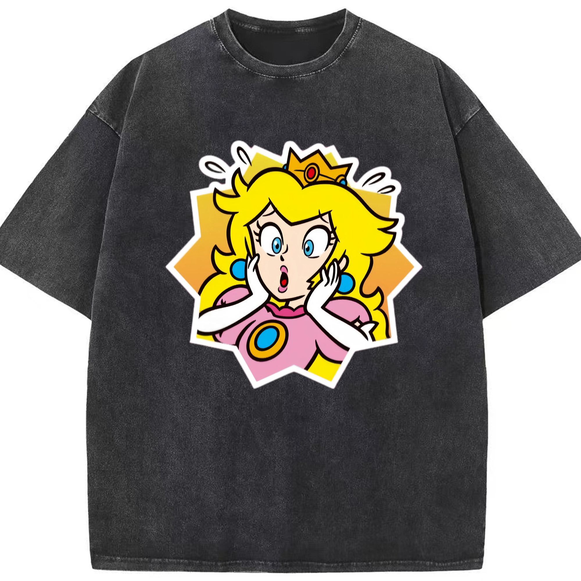 Nintendo princess peach &#039;surprised&#039; t-shirt - Washed Vintage Look 230g Cotton Oversized T-Shirt With Front Heat Transfer Print – Soft, Lightweight, Stylish Fit – Comfortable Casual Wear For Sports & Everyday Use