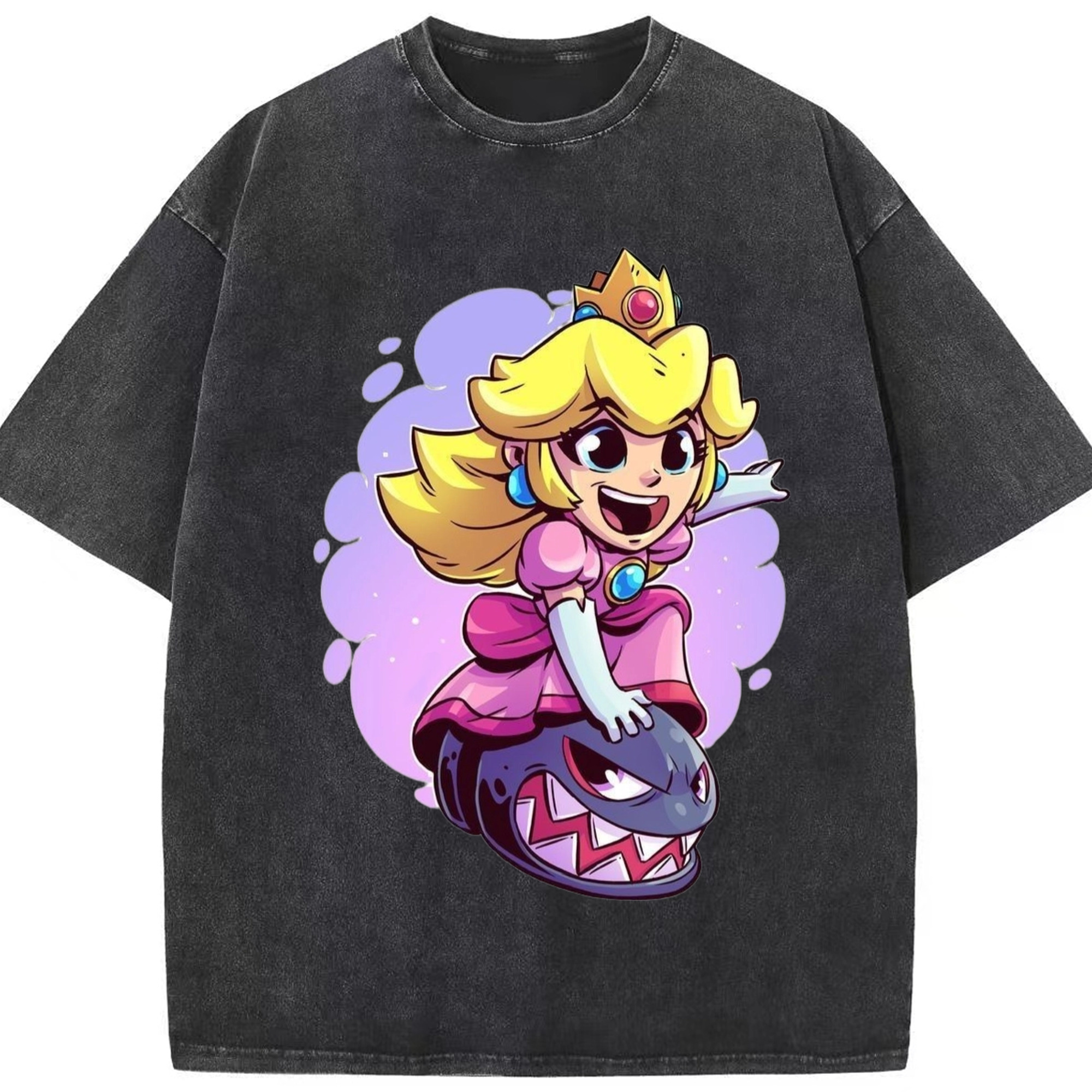 Nintendo princess peach cartoon t shirts - Washed Vintage Look 230g Cotton Oversized T-Shirt With Front Heat Transfer Print – Soft, Lightweight, Stylish Fit – Comfortable Casual Wear For Sports & Everyday Use