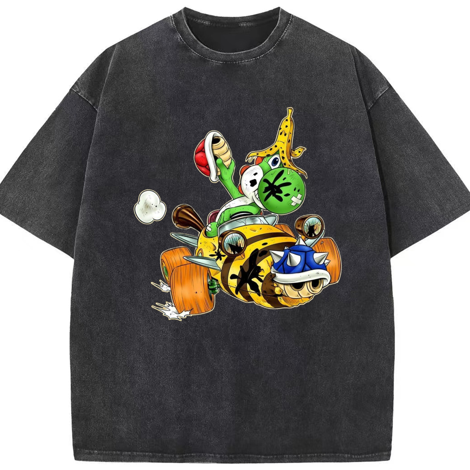 Super Mario Yoshi kart T-shirt - Washed Vintage Look 230g Cotton Oversized T-Shirt With Front Heat Transfer Print – Soft, Lightweight, Stylish Fit – Comfortable Casual Wear For Sports & Everyday Use