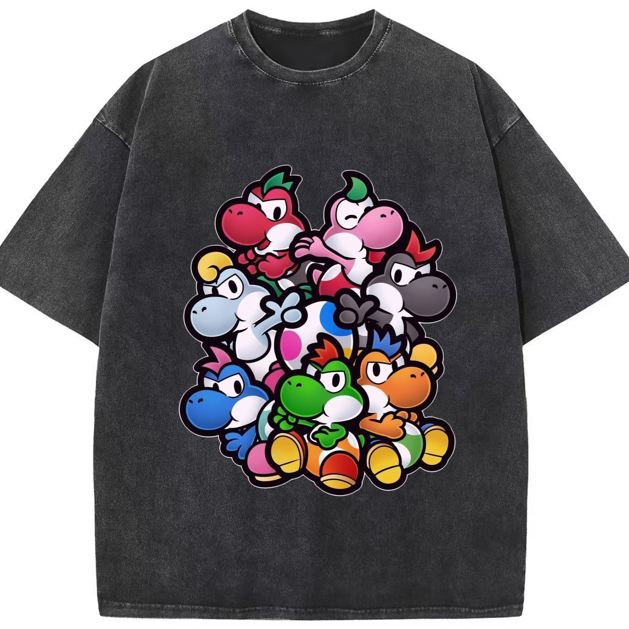 Super Mario Yoshi and friend's T-shirt - Washed Vintage Look 230g Cotton Oversized T-Shirt With Front Heat Transfer Print – Soft, Lightweight, Stylish Fit – Comfortable Casual Wear For Sports & Everyday Use
