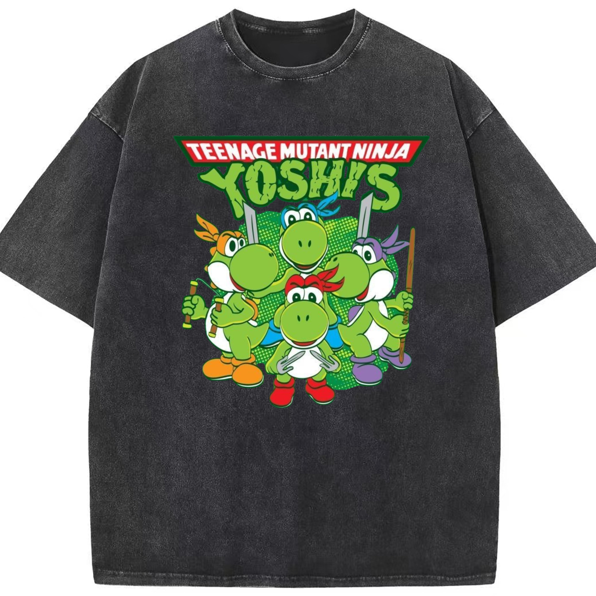 Nintendo Yoshi 'Teenage Mutant Ninja Turtles' t-shirt - Washed Vintage Look 230g Cotton Oversized T-Shirt With Front Heat Transfer Print – Soft, Lightweight, Stylish Fit – Comfortable Casual Wear For Sports & Everyday Use