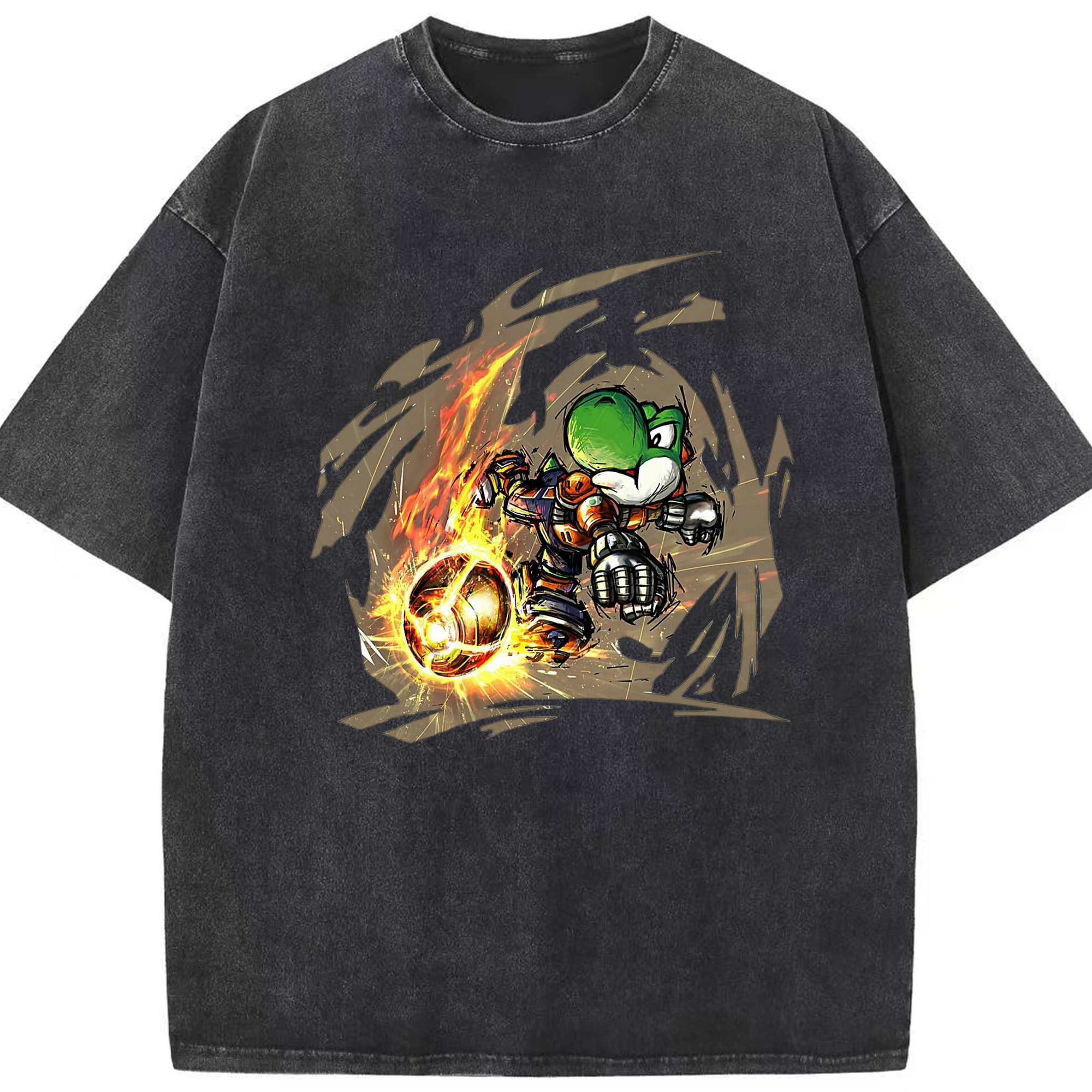Super Mario Yoshi 'shoot' Painted style T-shirt - Washed Vintage Look 230g Cotton Oversized T-Shirt With Front Heat Transfer Print – Soft, Lightweight, Stylish Fit – Comfortable Casual Wear For Sports & Everyday Use