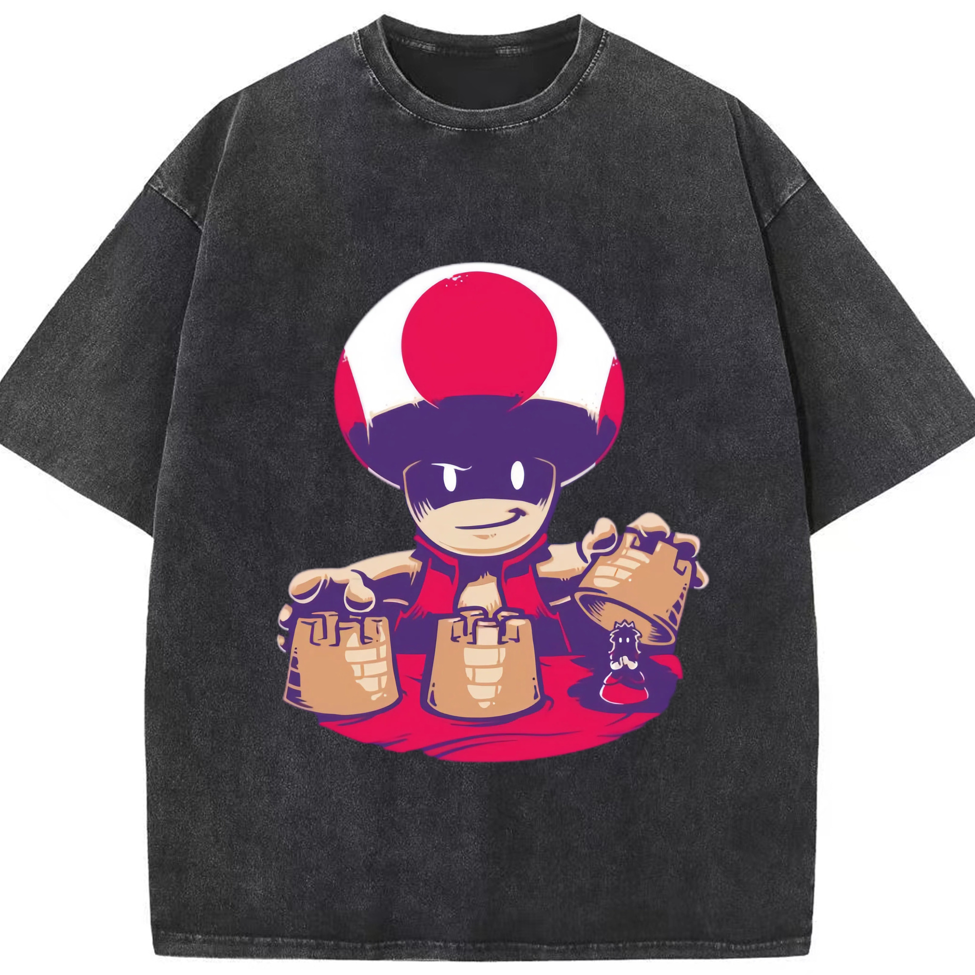 Super mario  red toad t shirt - Washed Vintage Look 230g Cotton Oversized T-Shirt With Front Heat Transfer Print – Soft, Lightweight, Stylish Fit – Comfortable Casual Wear For Sports & Everyday Use