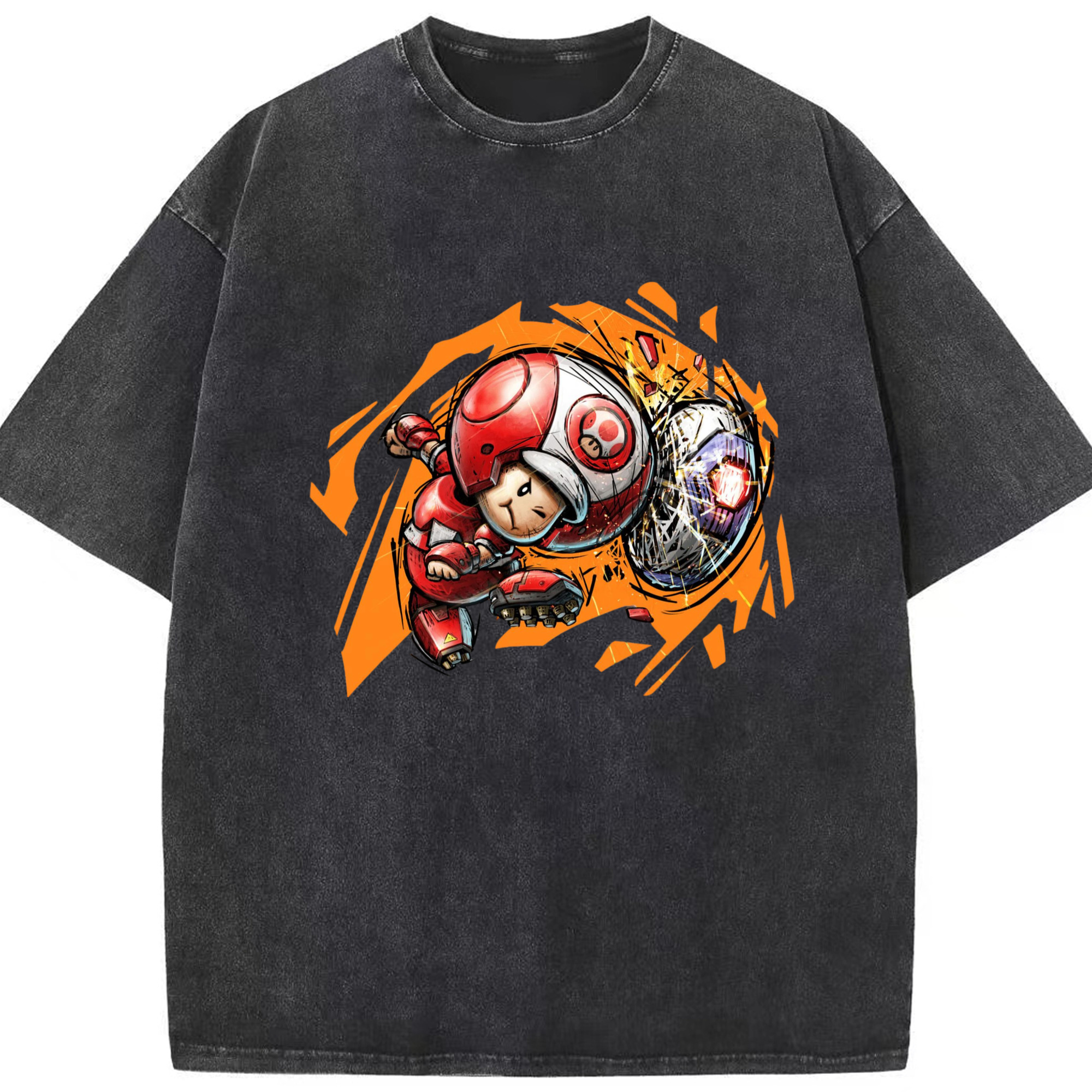 Nintendo Red 'diving header ' Toad Shirt - Washed Vintage Look 230g Cotton Oversized T-Shirt With Front Heat Transfer Print – Soft, Lightweight, Stylish Fit – Comfortable Casual Wear For Sports & Everyday Use