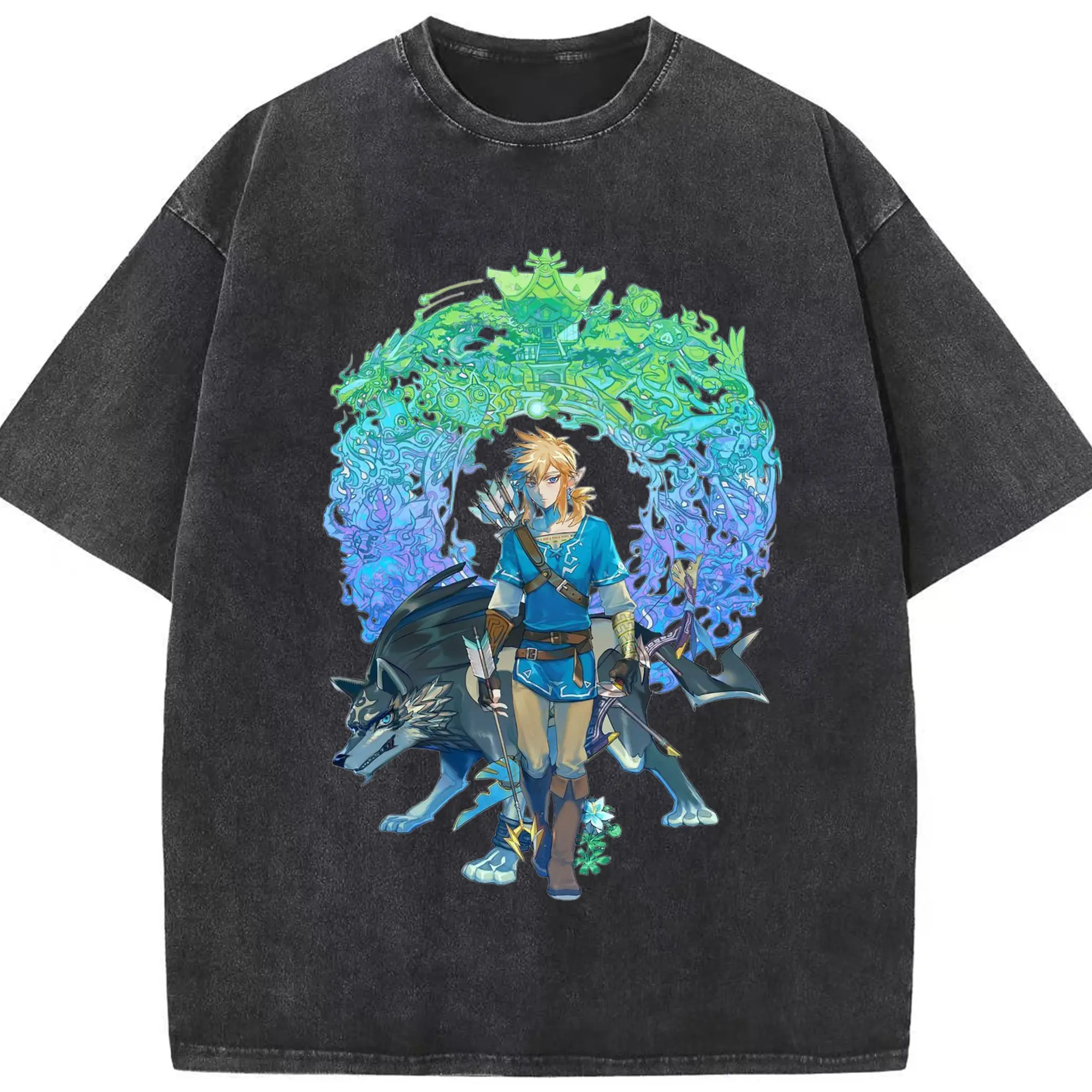 Men's The Legend of Zelda Link graphic tee - Washed Vintage Look 230g Cotton Oversized T-Shirt With Front Heat Transfer Print – Soft, Lightweight, Stylish Fit – Comfortable Casual Wear For Sports & Everyday Use