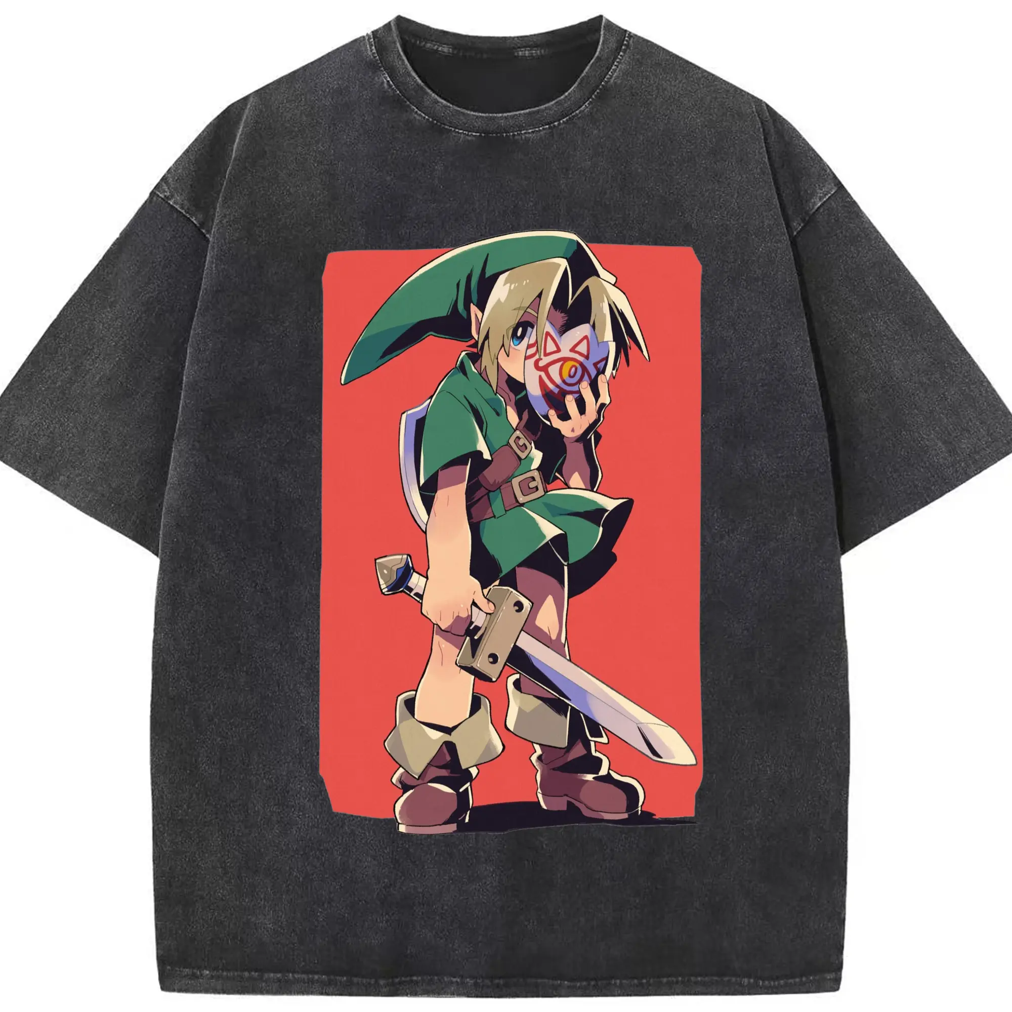 Retro The Legend of Zelda Link shirt - Washed Vintage Look 230g Cotton Oversized T-Shirt With Front Heat Transfer Print – Soft, Lightweight, Stylish Fit – Comfortable Casual Wear For Sports & Everyday Use