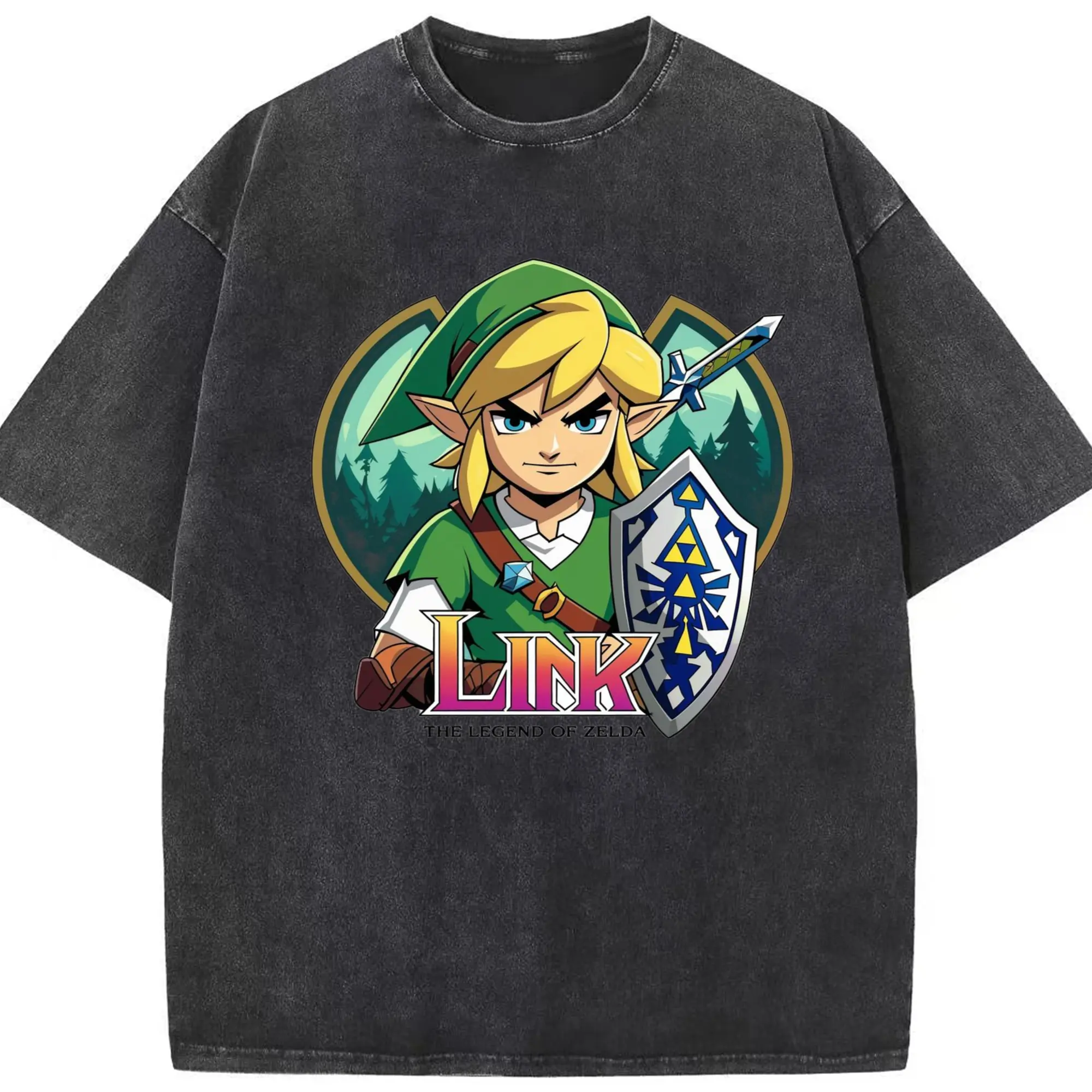 The Legend of Zelda Link cartoon shirt - Washed Vintage Look 230g Cotton Oversized T-Shirt With Front Heat Transfer Print – Soft, Lightweight, Stylish Fit – Comfortable Casual Wear For Sports & Everyday Use