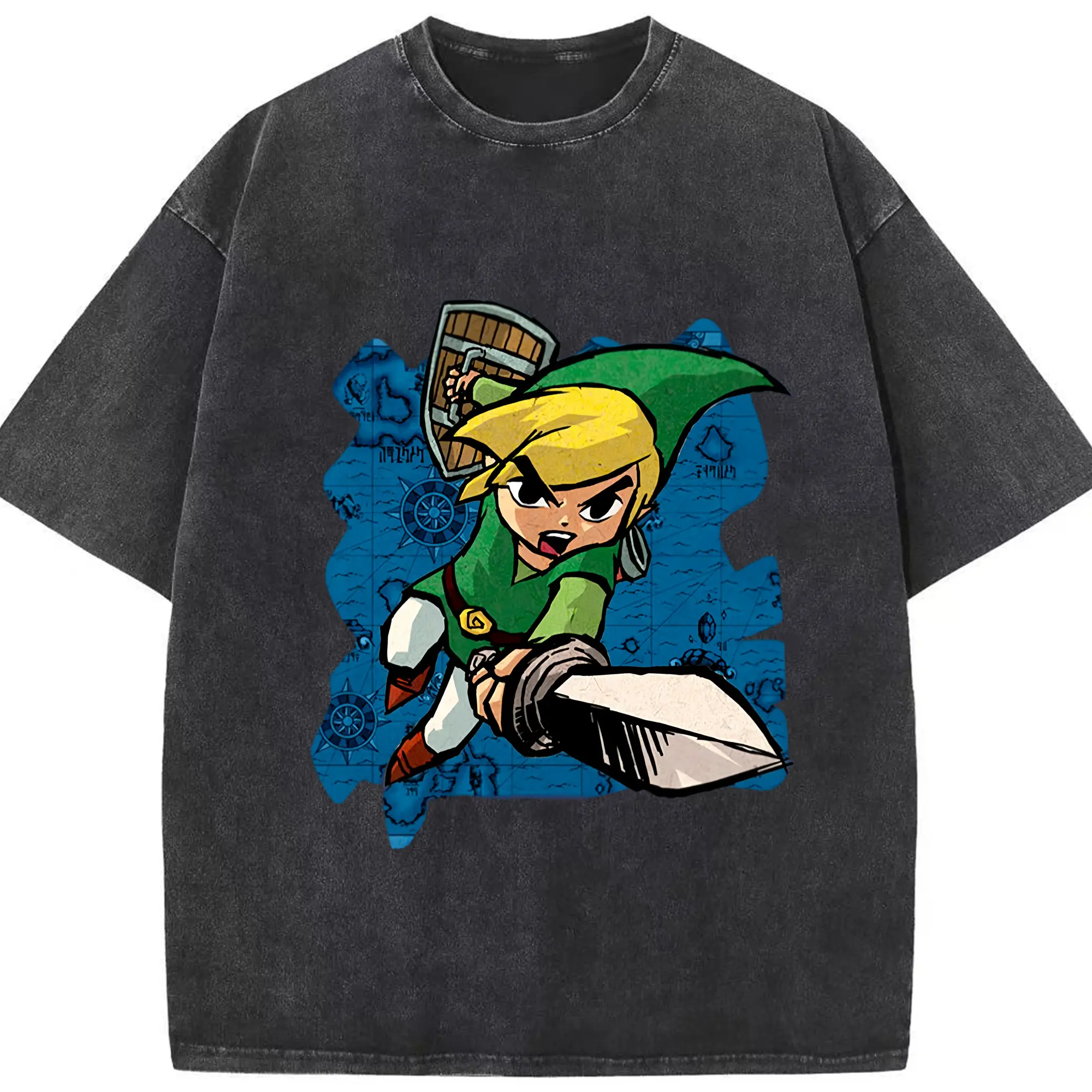 The legend of zelda link graphic shirt - Washed Vintage Look 230g Cotton Oversized T-Shirt With Front Heat Transfer Print – Soft, Lightweight, Stylish Fit – Comfortable Casual Wear For Sports & Everyday Use
