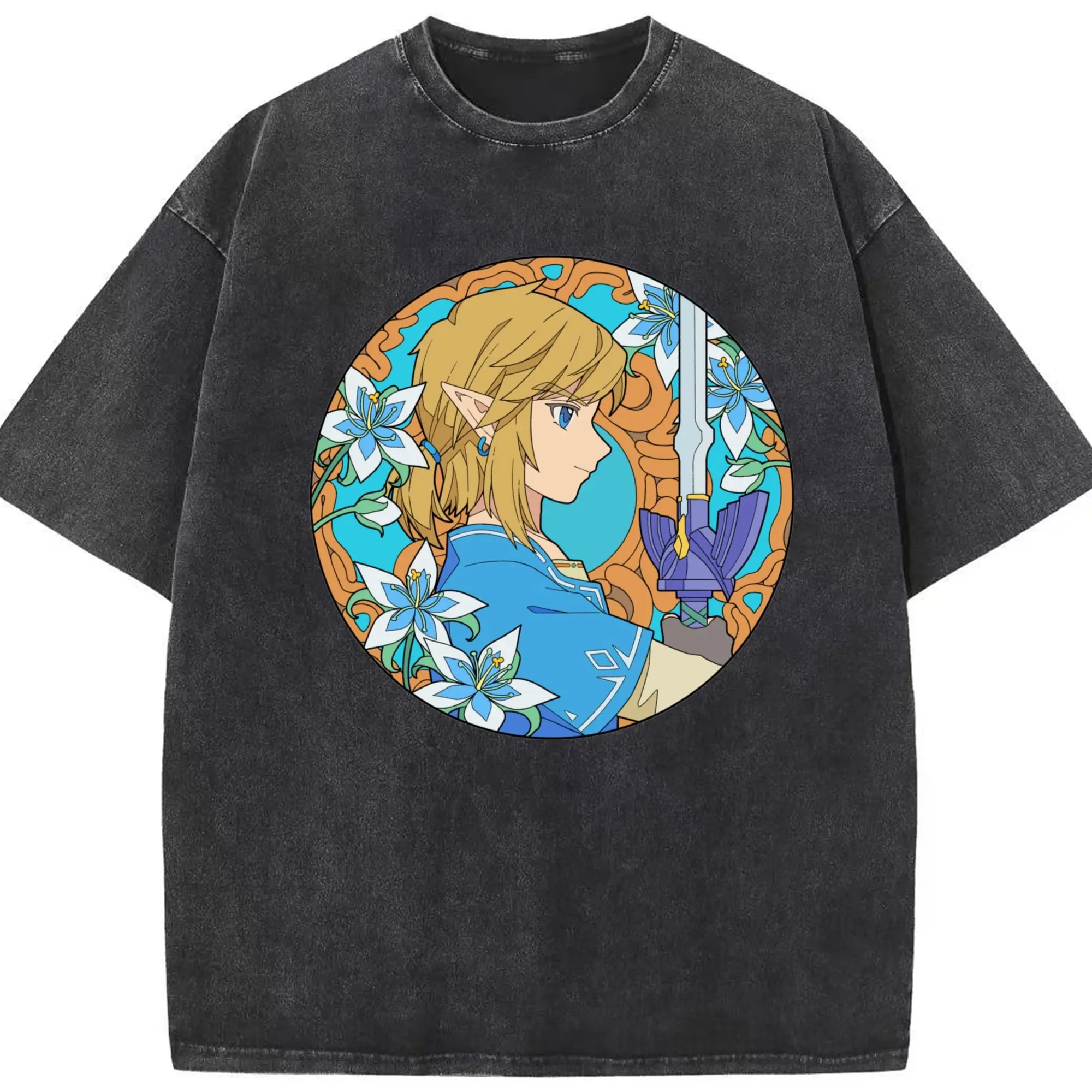 The Legend of Zelda Link painting icon shirt - Washed Vintage Look 230g Cotton Oversized T-Shirt With Front Heat Transfer Print – Soft, Lightweight, Stylish Fit – Comfortable Casual Wear For Sports & Everyday Use