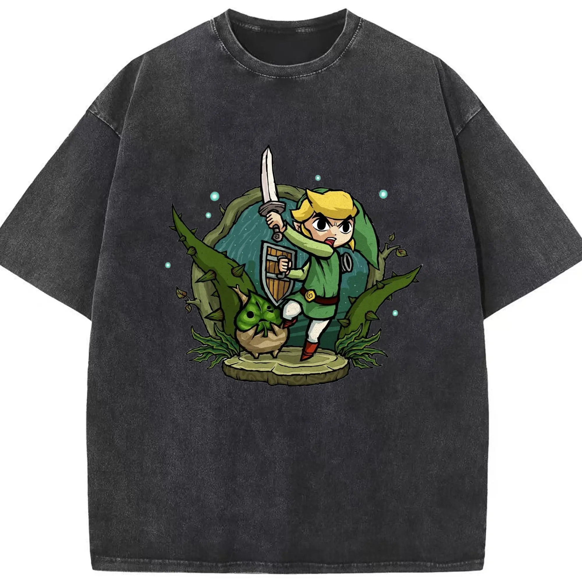 The Legend of Zelda Link retro painting shirt - Washed Vintage Look 230g Cotton Oversized T-Shirt With Front Heat Transfer Print – Soft, Lightweight, Stylish Fit – Comfortable Casual Wear For Sports & Everyday Use