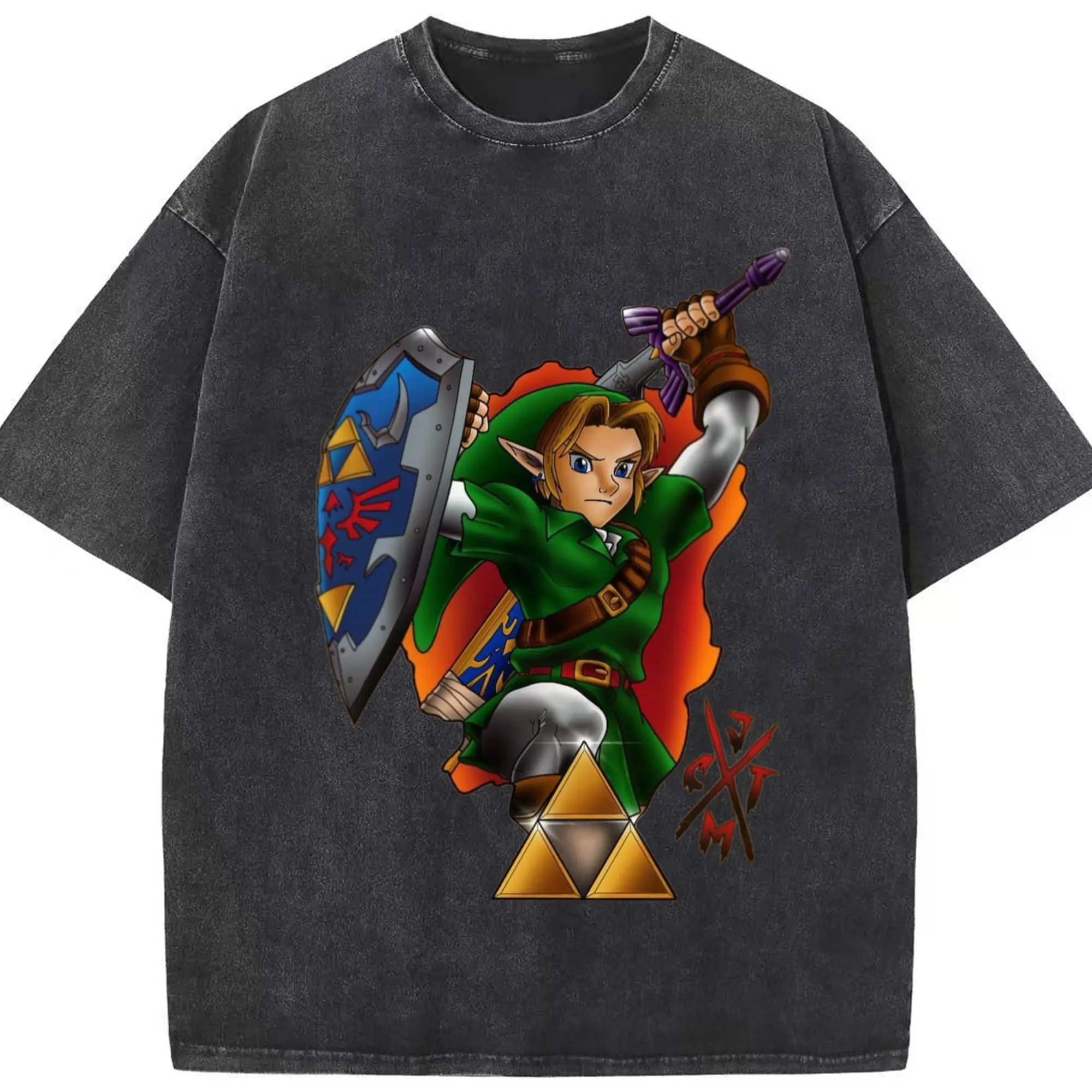 Vintage the legend of zelda link shirt​ - Washed Vintage Look 230g Cotton Oversized T-Shirt With Front Heat Transfer Print – Soft, Lightweight, Stylish Fit – Comfortable Casual Wear For Sports & Everyday Use
