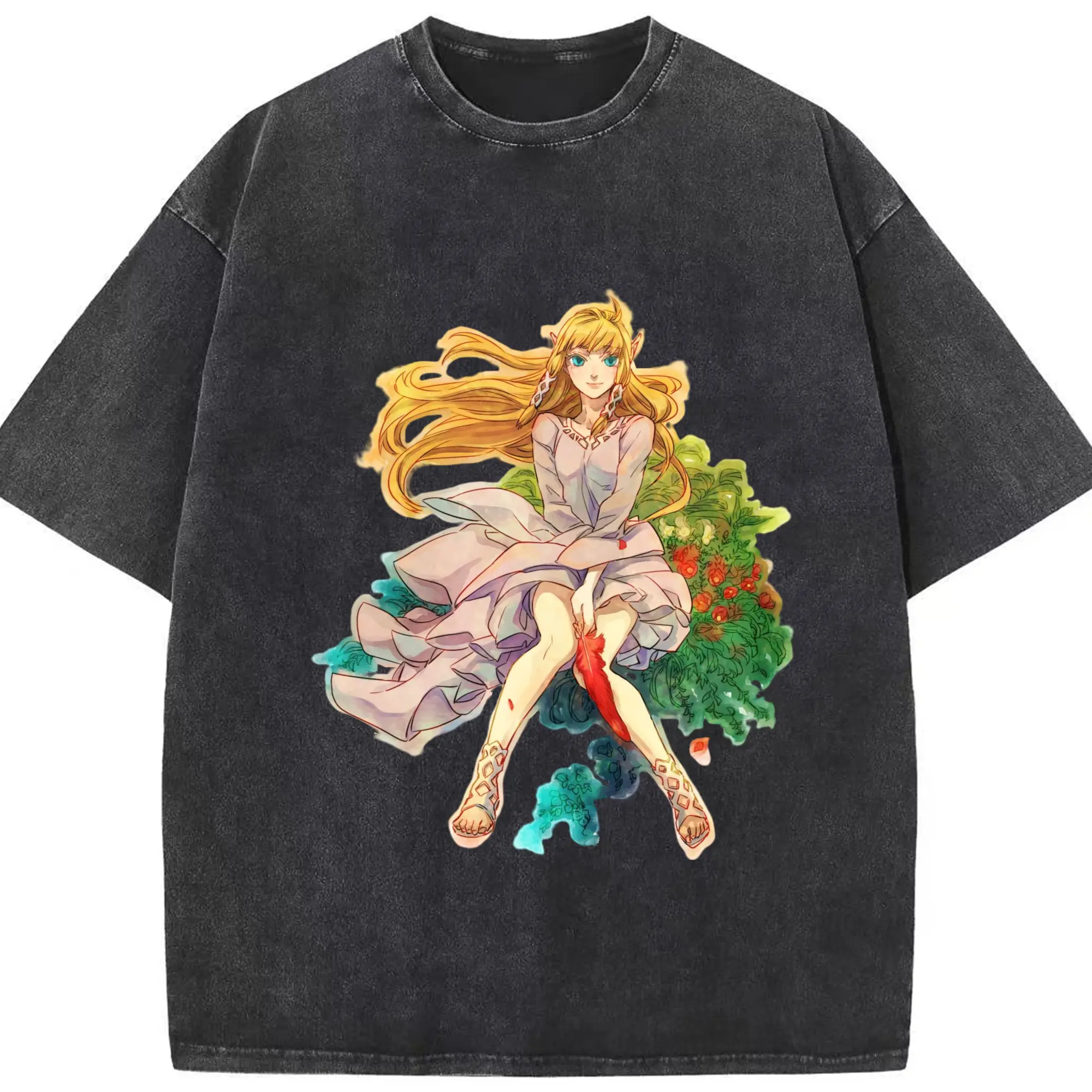 Retro the legend of zelda Princess Zelda t-shirt​ - Washed Vintage Look 230g Cotton Oversized T-Shirt With Front Heat Transfer Print – Soft, Lightweight, Stylish Fit – Comfortable Casual Wear For Sports & Everyday Use