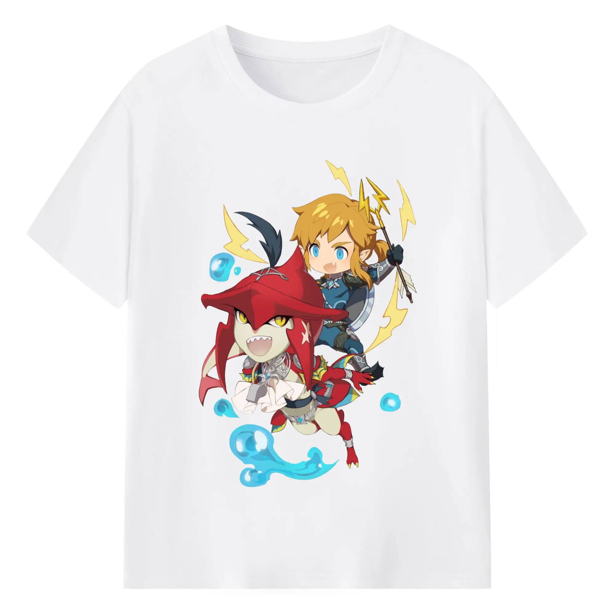 The legend of zelda Sidon and link t-shirt - 180g Cotton T-Shirt With Front Heat Transfer Print – Soft, Lightweight, Fitted Design – Comfortable Casual Wear For Sports & Everyday Use