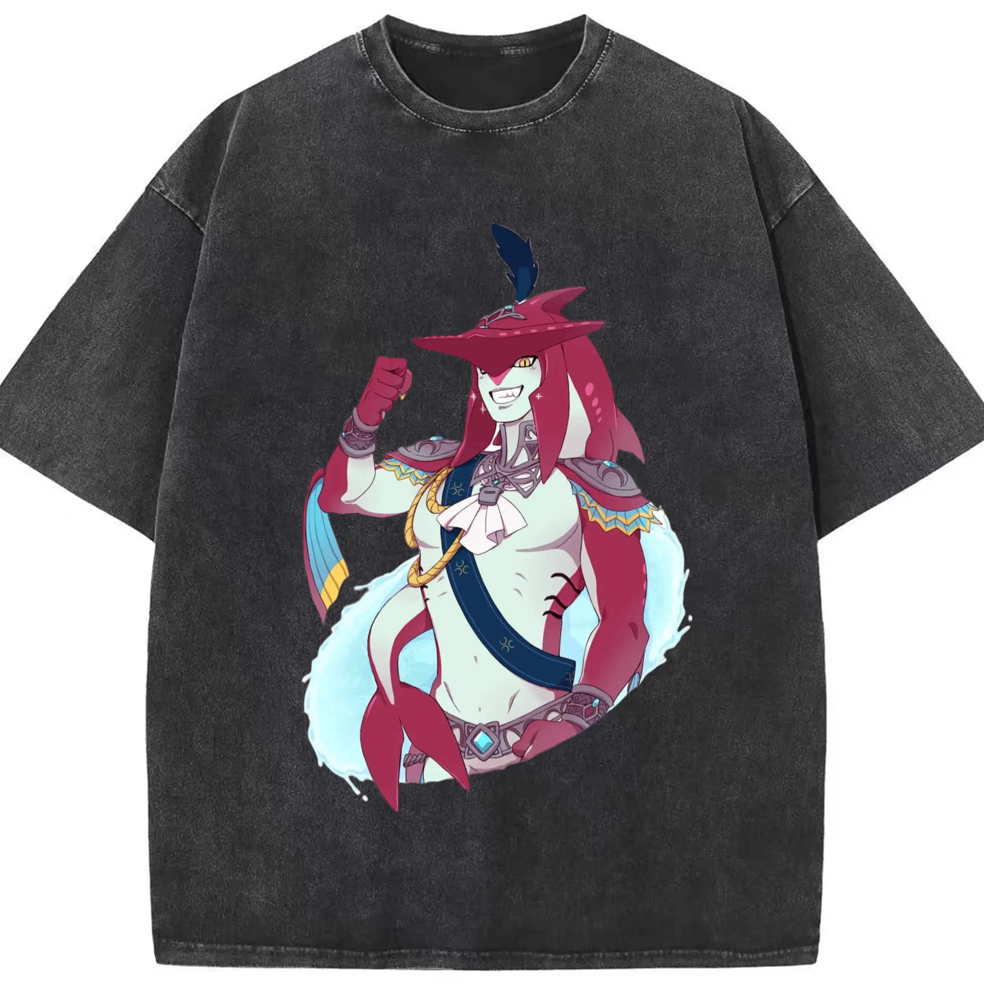 He legend of zelda Sidon tee - Washed Vintage Look 230g Cotton Oversized T-Shirt With Front Heat Transfer Print – Soft, Lightweight, Stylish Fit – Comfortable Casual Wear For Sports & Everyday Use