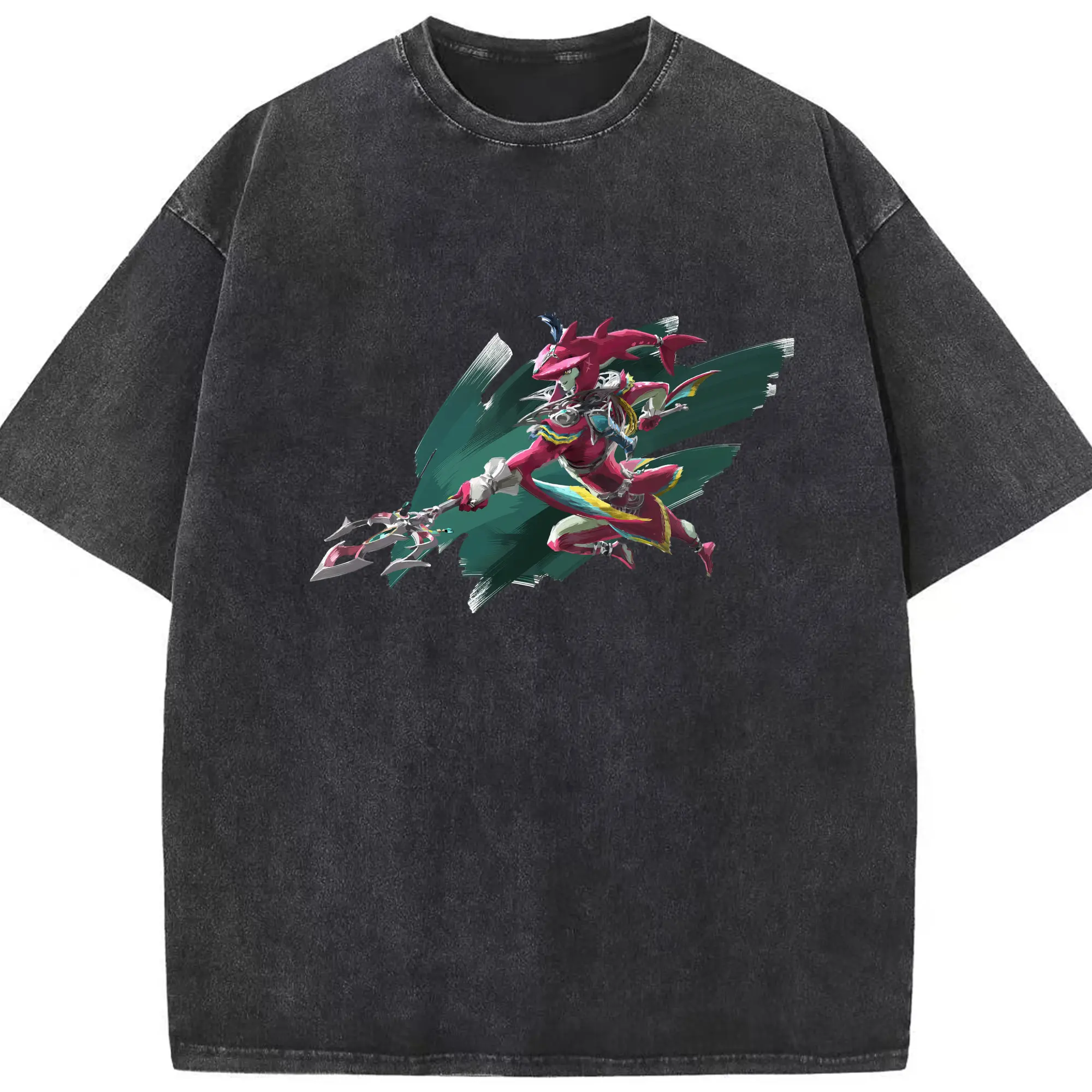 Legend of Zelda Prince Sidon art T-Shirt - Washed Vintage Look 230g Cotton Oversized T-Shirt With Front Heat Transfer Print – Soft, Lightweight, Stylish Fit – Comfortable Casual Wear For Sports & Everyday Use