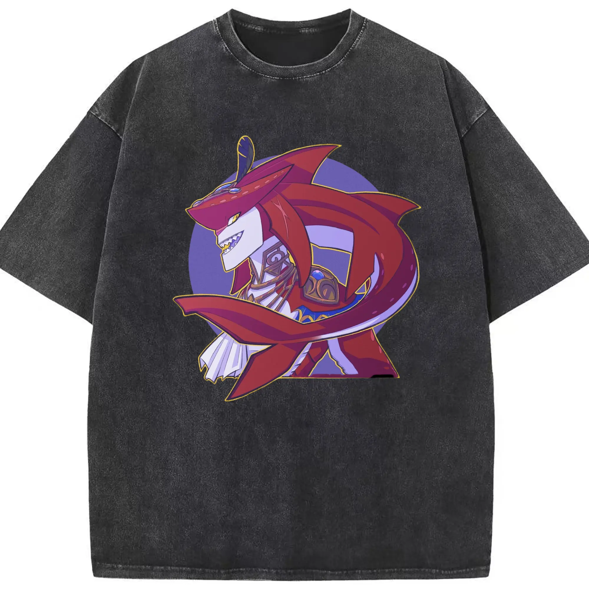 Legend of Zelda Prince Sidon Design  Tee - Washed Vintage Look 230g Cotton Oversized T-Shirt With Front Heat Transfer Print – Soft, Lightweight, Stylish Fit – Comfortable Casual Wear For Sports & Everyday Use