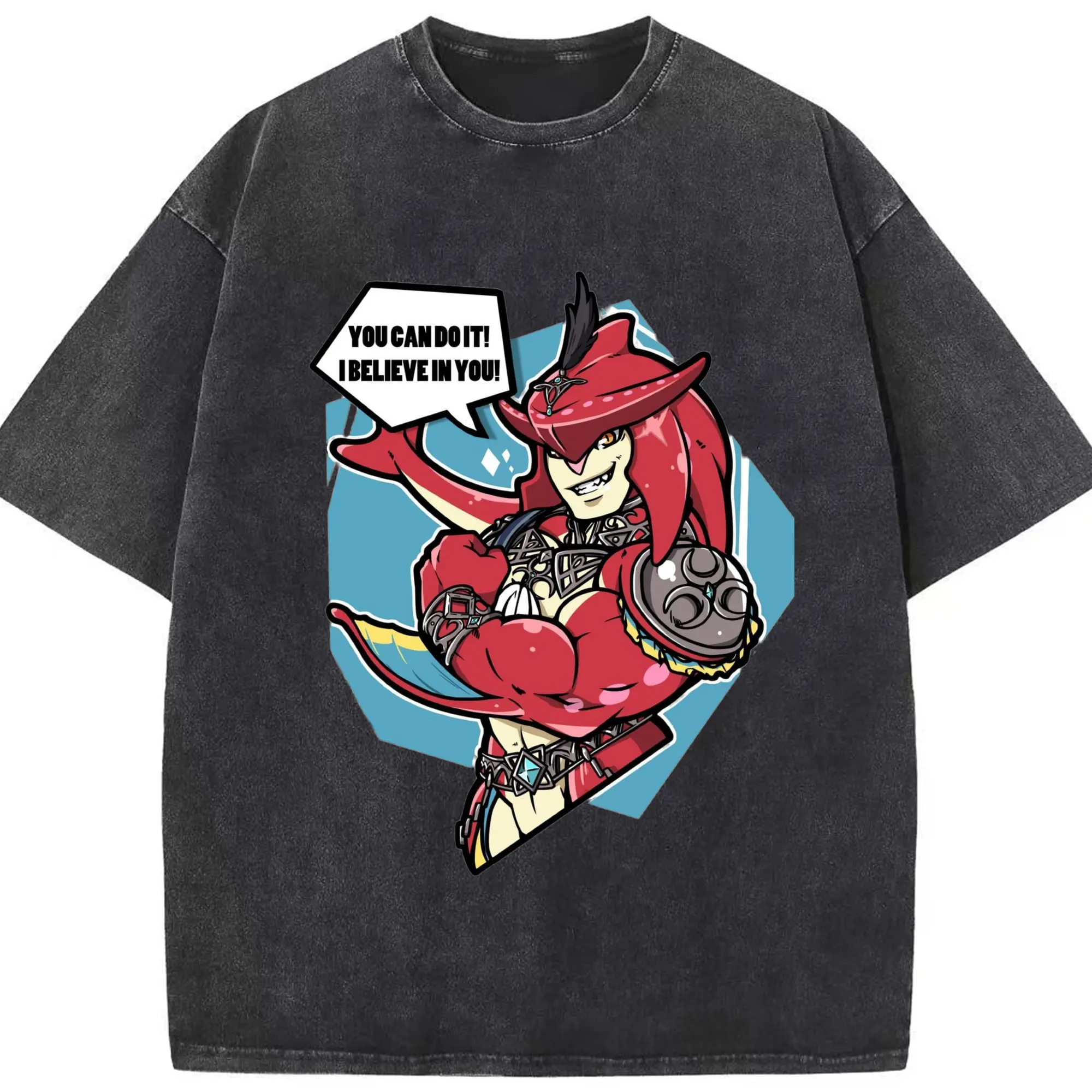 Legend of Zelda Prince Sidon Design  T-Shirt - Washed Vintage Look 230g Cotton Oversized T-Shirt With Front Heat Transfer Print – Soft, Lightweight, Stylish Fit – Comfortable Casual Wear For Sports & Everyday Use