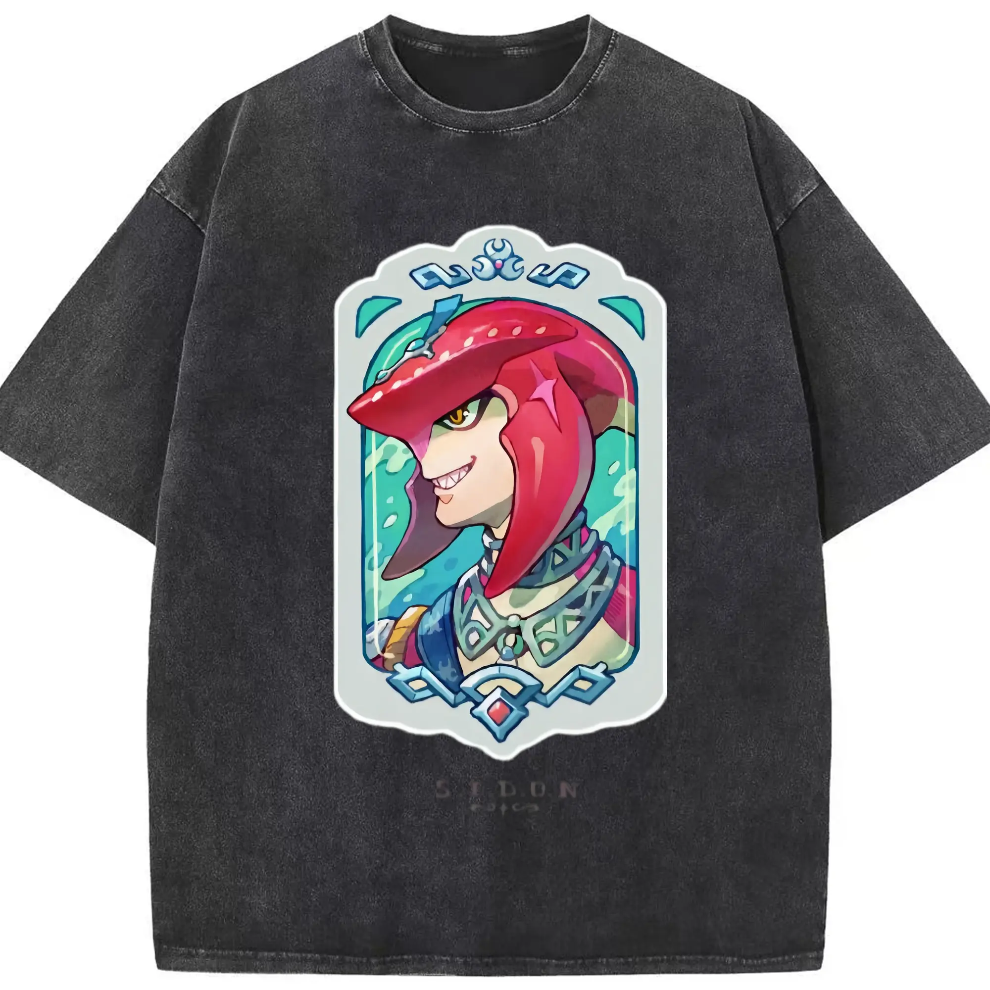 Legend of Zelda Prince Sidon icon T-Shirt - Washed Vintage Look 230g Cotton Oversized T-Shirt With Front Heat Transfer Print – Soft, Lightweight, Stylish Fit – Comfortable Casual Wear For Sports & Everyday Use
