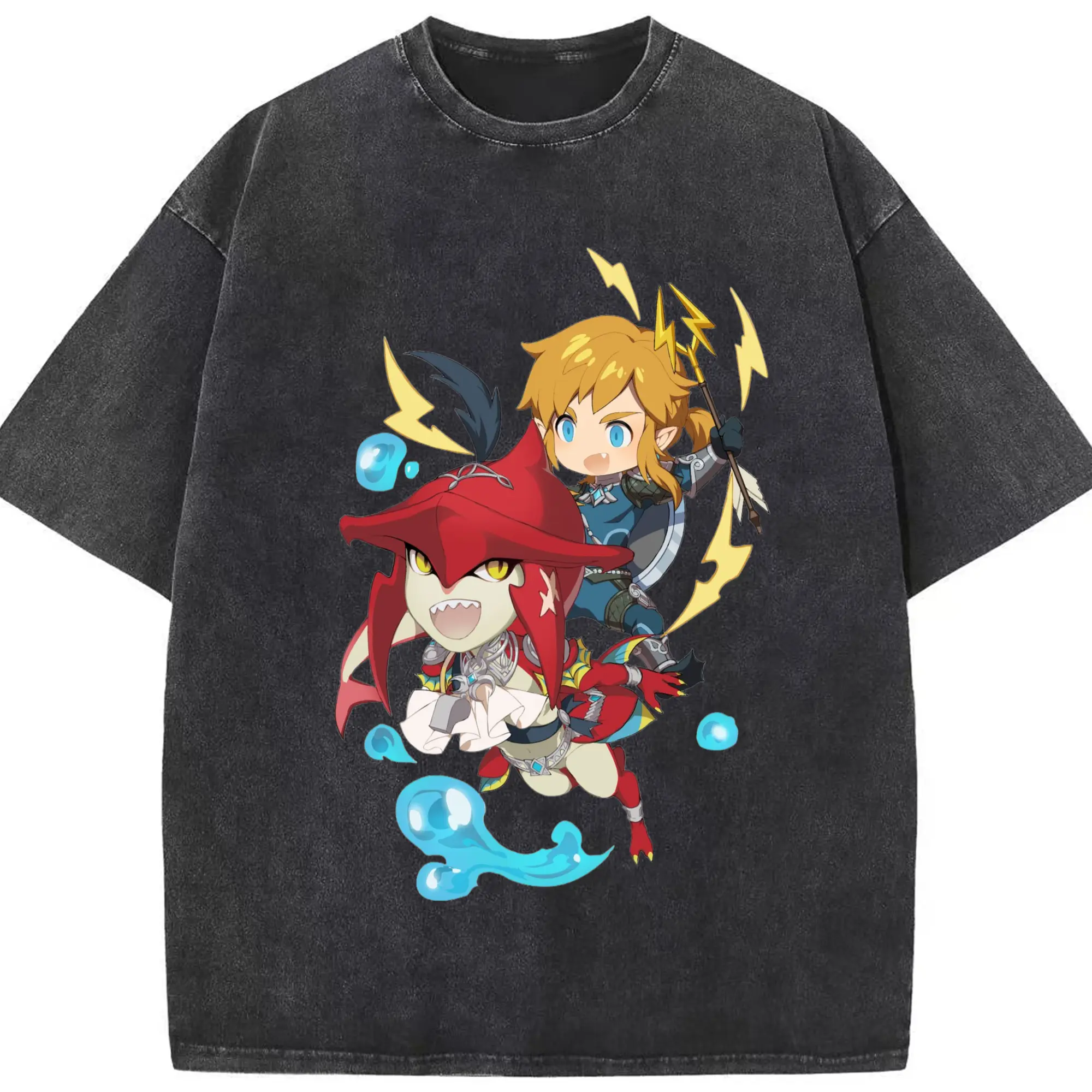 The legend of zelda Sidon and link t-shirt - Washed Vintage Look 230g Cotton Oversized T-Shirt With Front Heat Transfer Print – Soft, Lightweight, Stylish Fit – Comfortable Casual Wear For Sports & Everyday Use