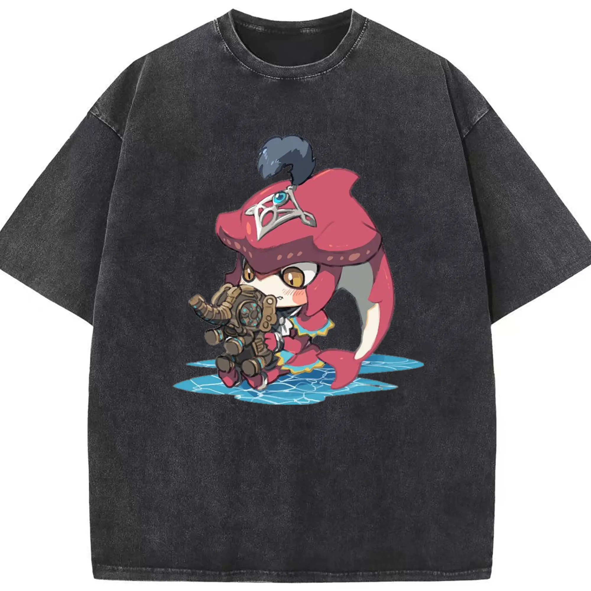 The legend of zelda Sidon cartoon graphic tee - Washed Vintage Look 230g Cotton Oversized T-Shirt With Front Heat Transfer Print – Soft, Lightweight, Stylish Fit – Comfortable Casual Wear For Sports & Everyday Use