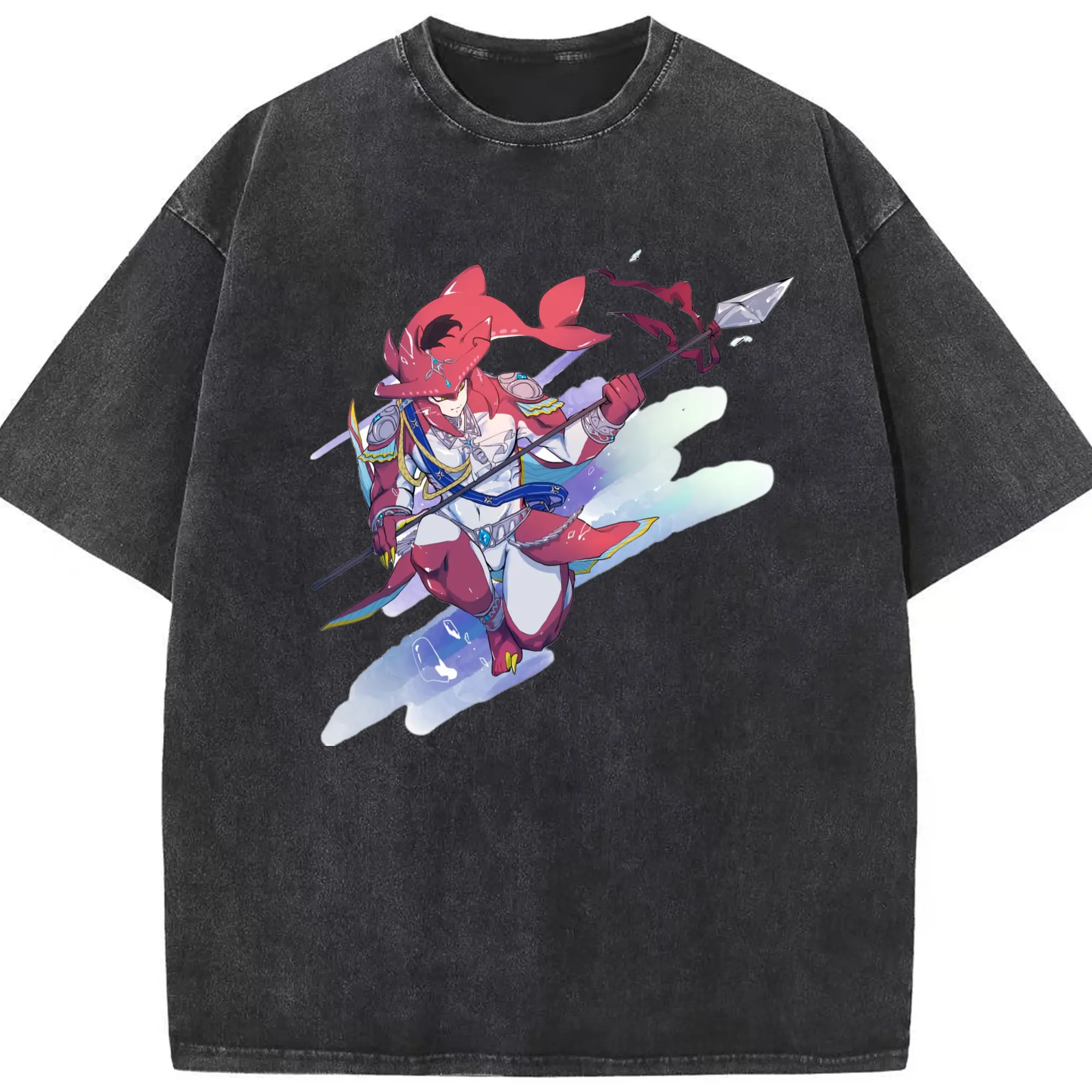 The legend of zelda Sidon graphic shirt - Washed Vintage Look 230g Cotton Oversized T-Shirt With Front Heat Transfer Print – Soft, Lightweight, Stylish Fit – Comfortable Casual Wear For Sports & Everyday Use