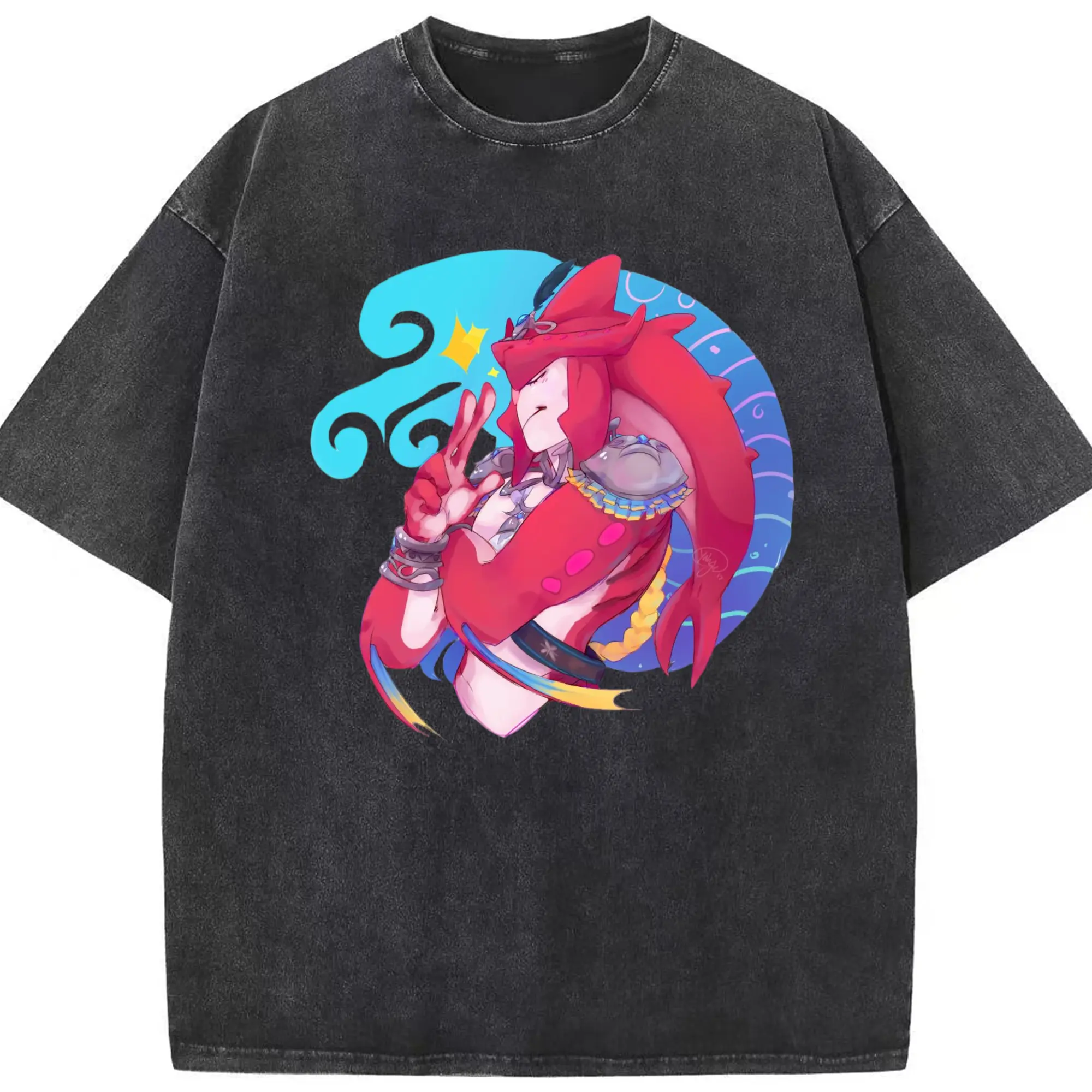 The legend of zelda Sidon graphic tee - Washed Vintage Look 230g Cotton Oversized T-Shirt With Front Heat Transfer Print – Soft, Lightweight, Stylish Fit – Comfortable Casual Wear For Sports & Everyday Use