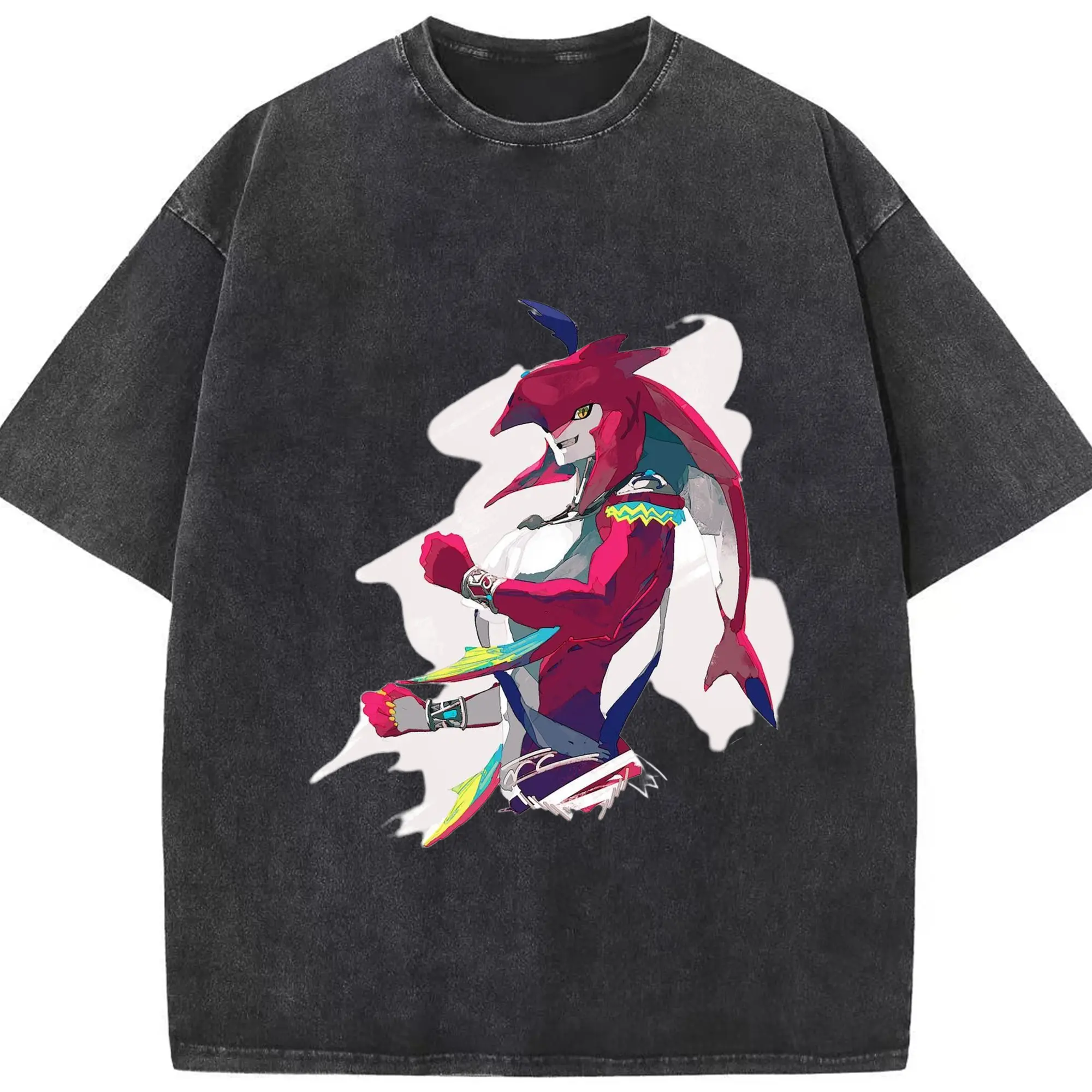 The legend of zelda Sidon t-shirt - Washed Vintage Look 230g Cotton Oversized T-Shirt With Front Heat Transfer Print – Soft, Lightweight, Stylish Fit – Comfortable Casual Wear For Sports & Everyday Use